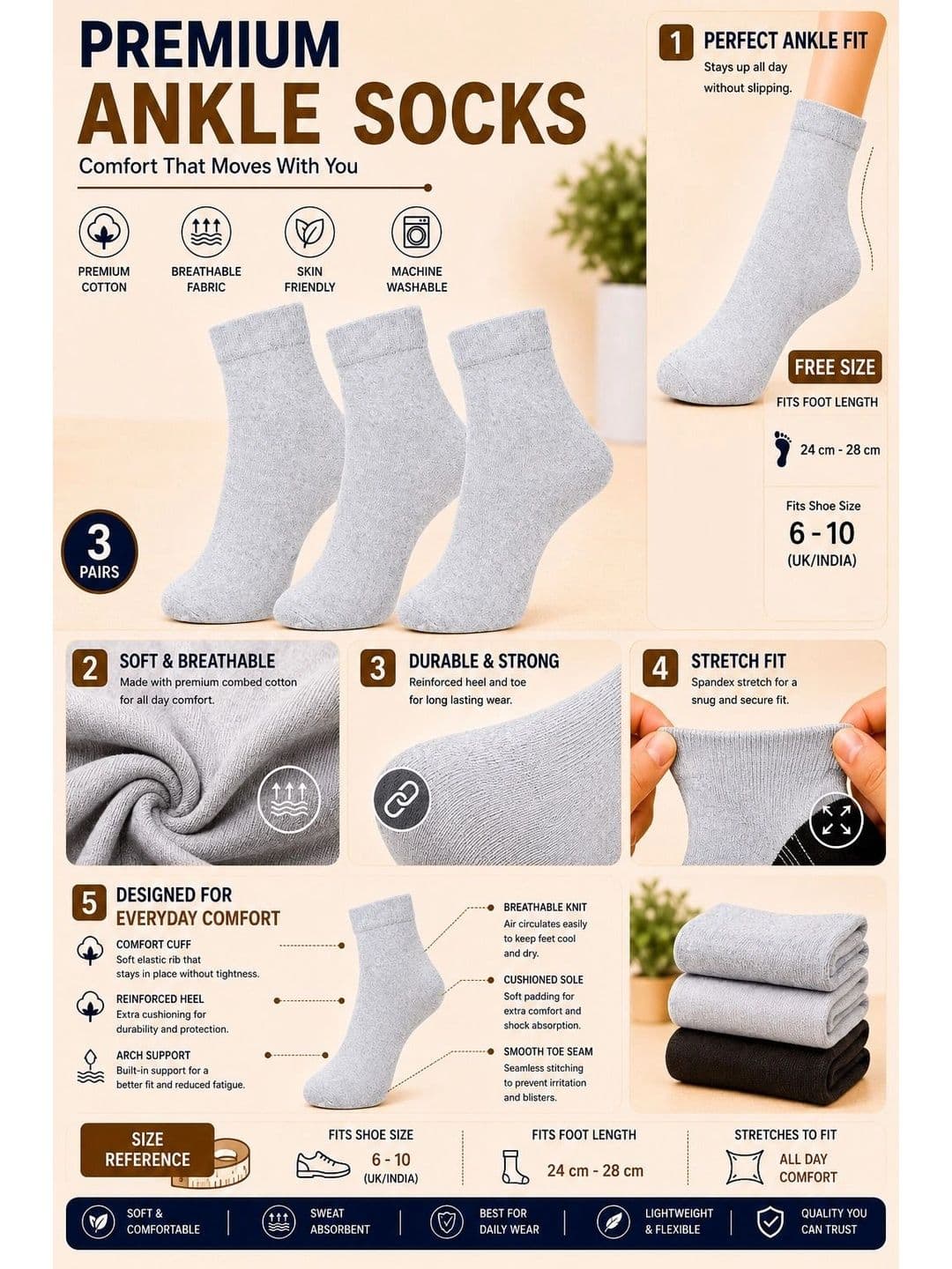 ADDOSSO Men Pack of 3 Cotton Assorted Ankle Length Socks thumbnail 4