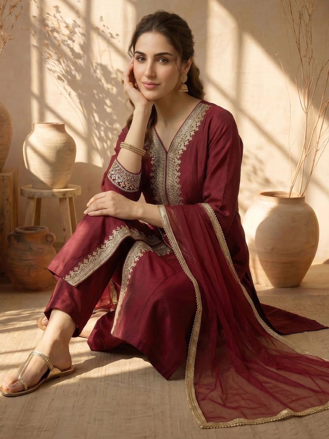 AVANSHEE Women Ethnic Motifs Embroidered High Slit Kurta with Trousers & With Dupatta thumbnail 7