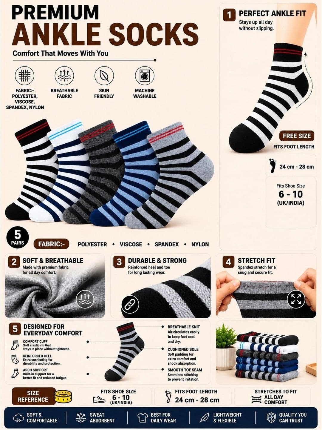 ADDOSSO Men Pack of 5 Cotton Assorted Striped Ankle Length Socks thumbnail 2