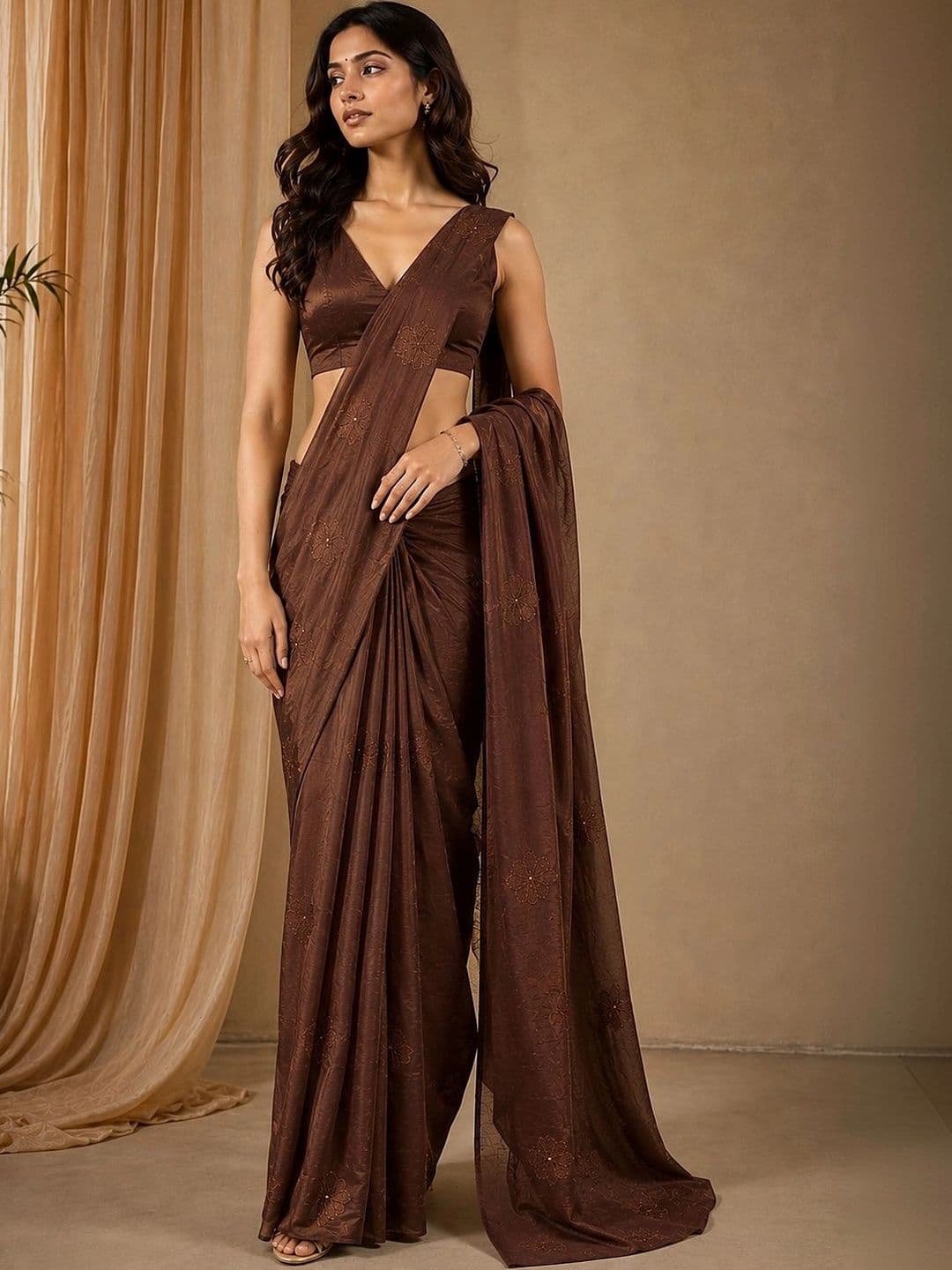 Tankori Ethnic Motifs Embroidered Satin Saree - view 1