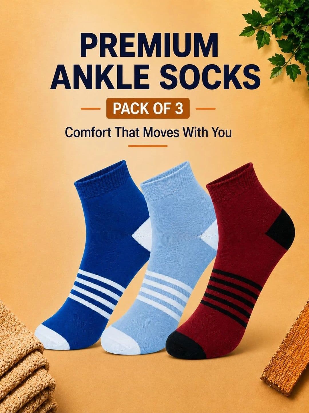 ADDOSSO Men Pack of 3 Cotton Assorted Striped Ankle Length Socks thumbnail 5