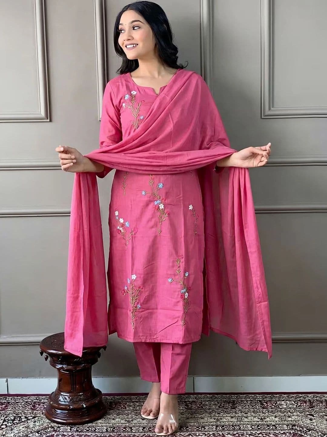Sangria Women Floral Embroidered Regular Thread Work Kurta with Trousers & With Dupatta - view 1