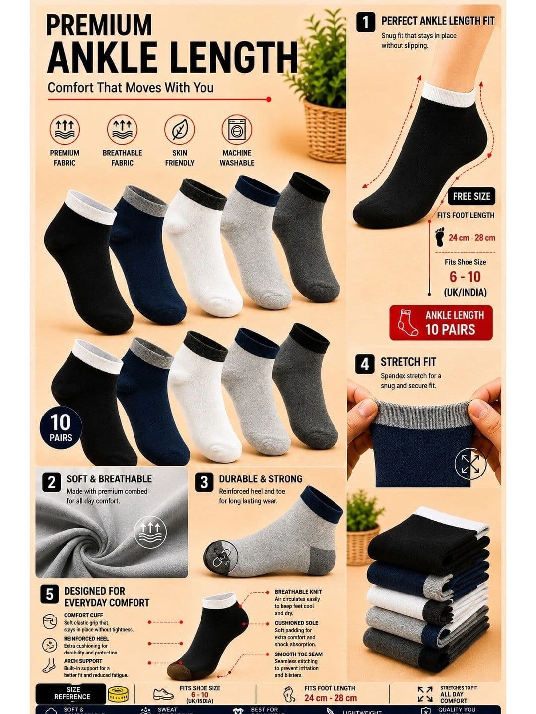 ADDOSSO Men Pack of 10 Cotton Assorted Ankle Length Socks thumbnail 5