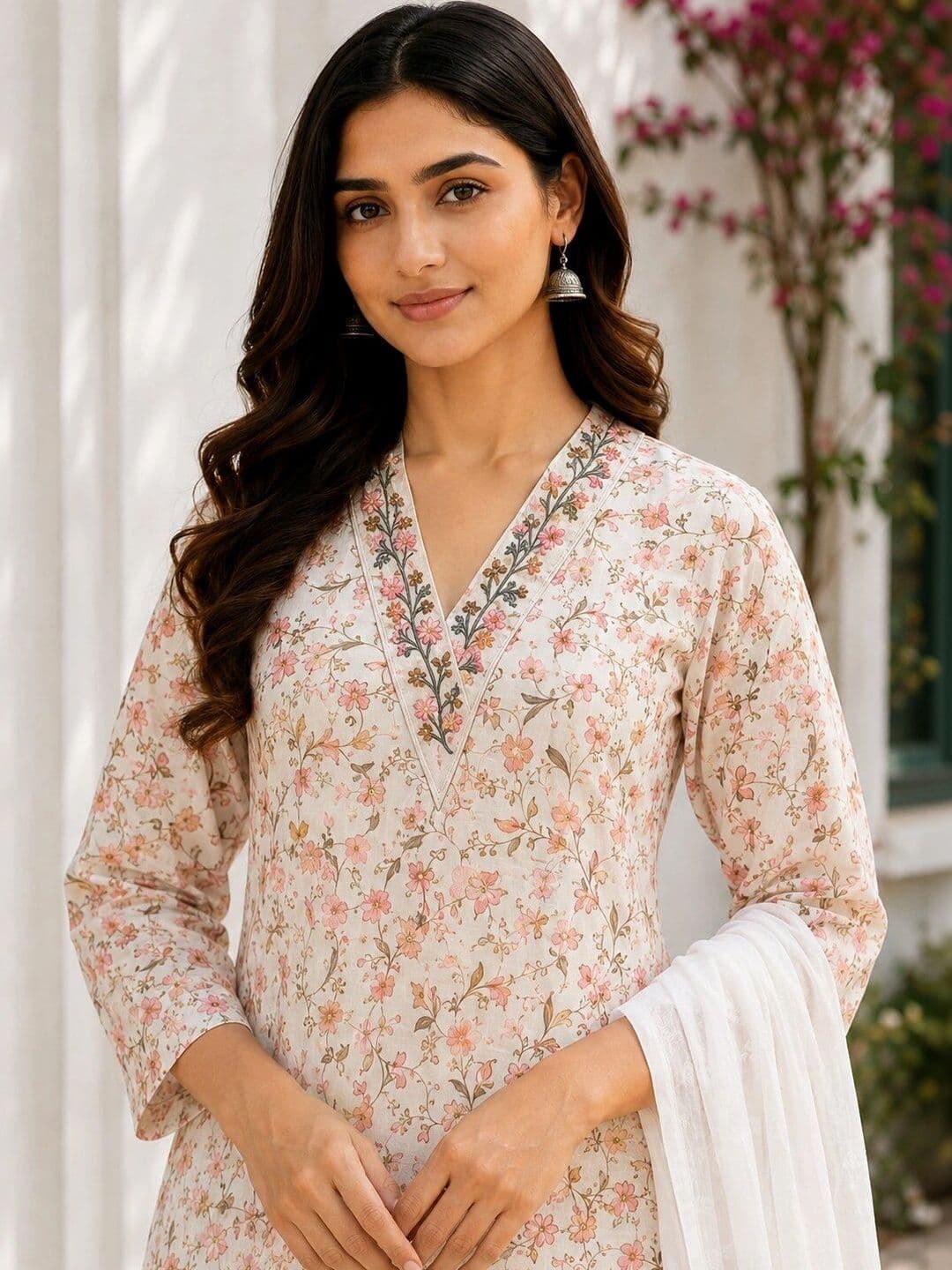 FABZARI Women Floral Printed Regular Thread Work Pure Cotton Kurta with Palazzos & With Dupatta thumbnail 4