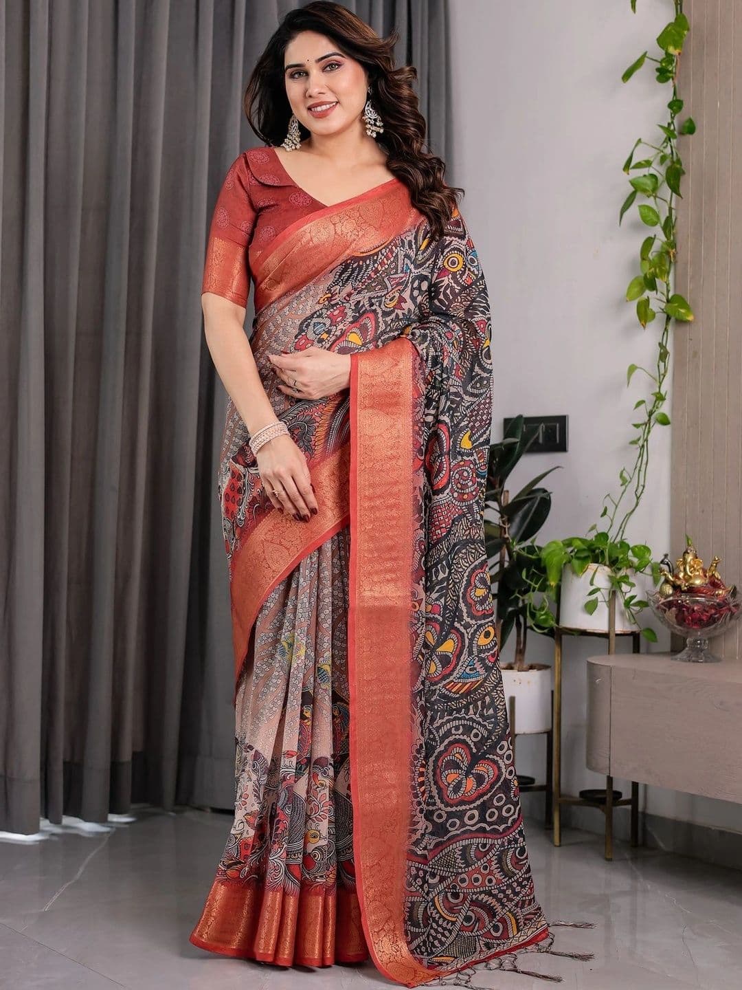 VS MALL Kalamkari Zari Linen Blend Saree thumbnail 2