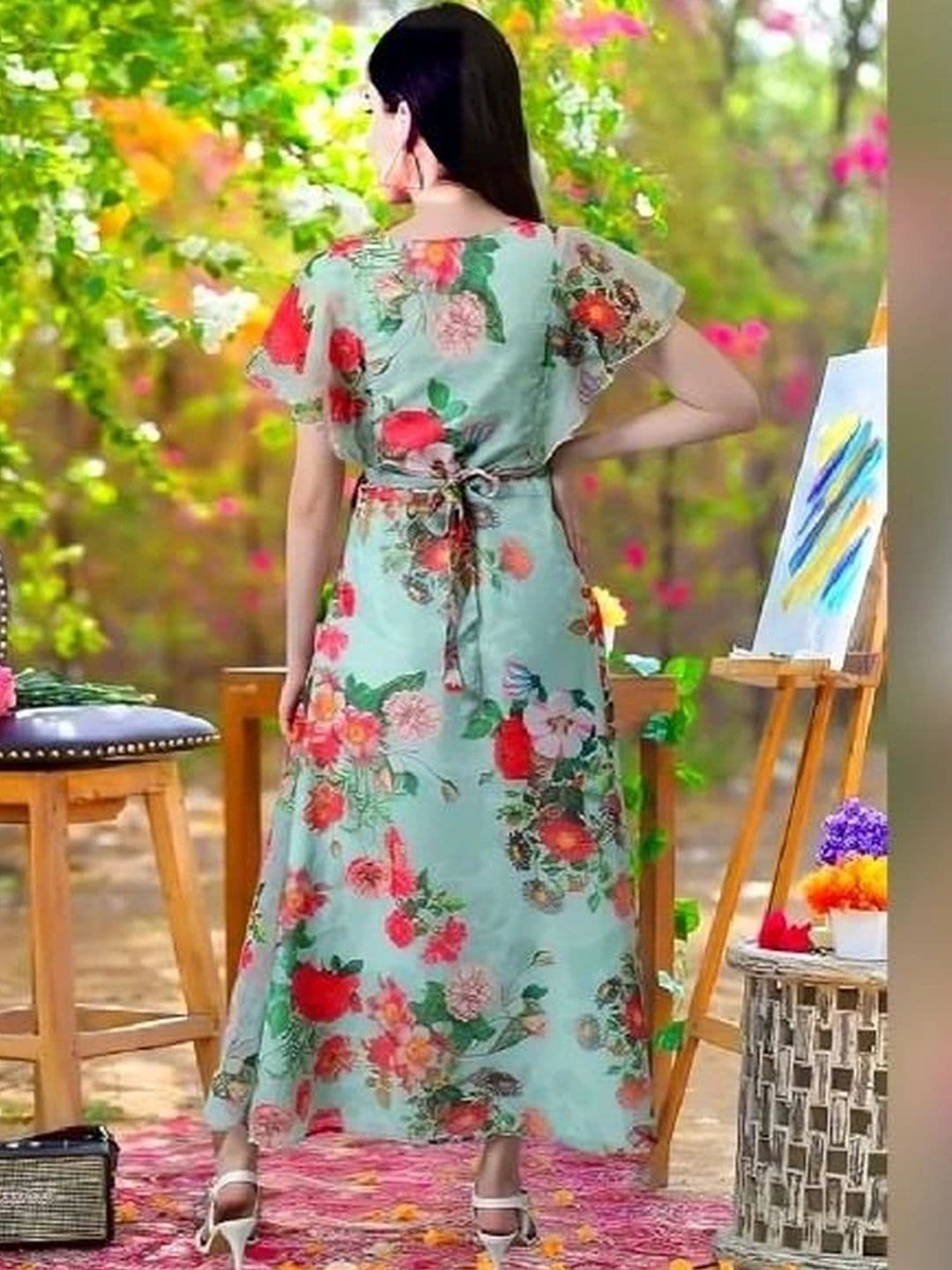 JS CREATIVE Floral Print Flutter Sleeve Ruffled Georgette A-Line Maxi Dress thumbnail 4