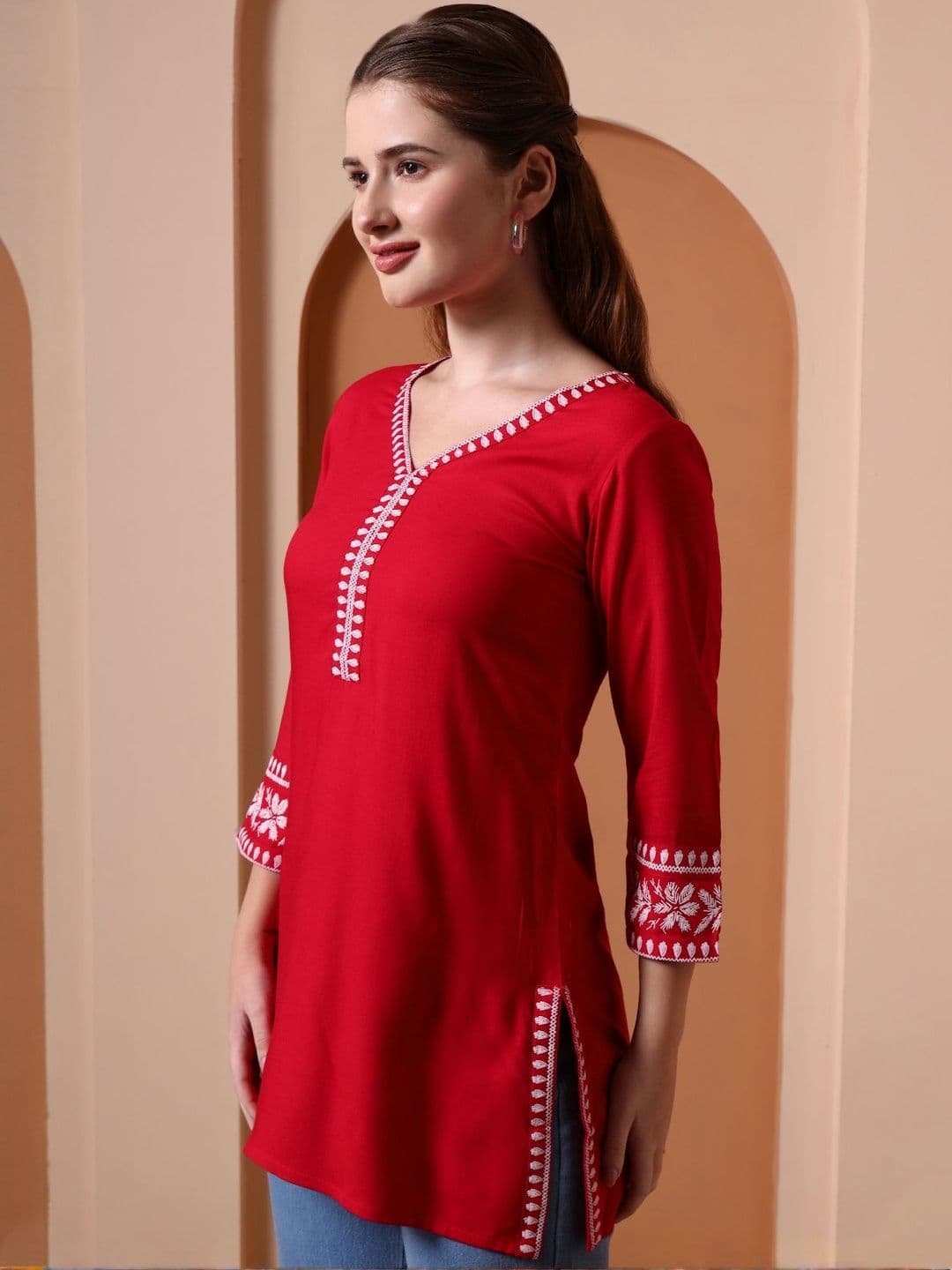 YASH GALLERY Floral Embroidered V-Neck Kurti thumbnail 2