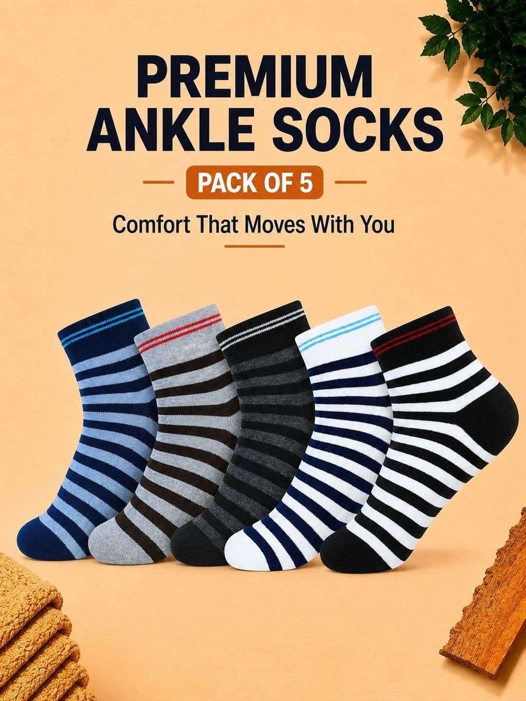 ADDOSSO Men Pack of 5 Cotton Assorted Striped Ankle Length Socks thumbnail 3