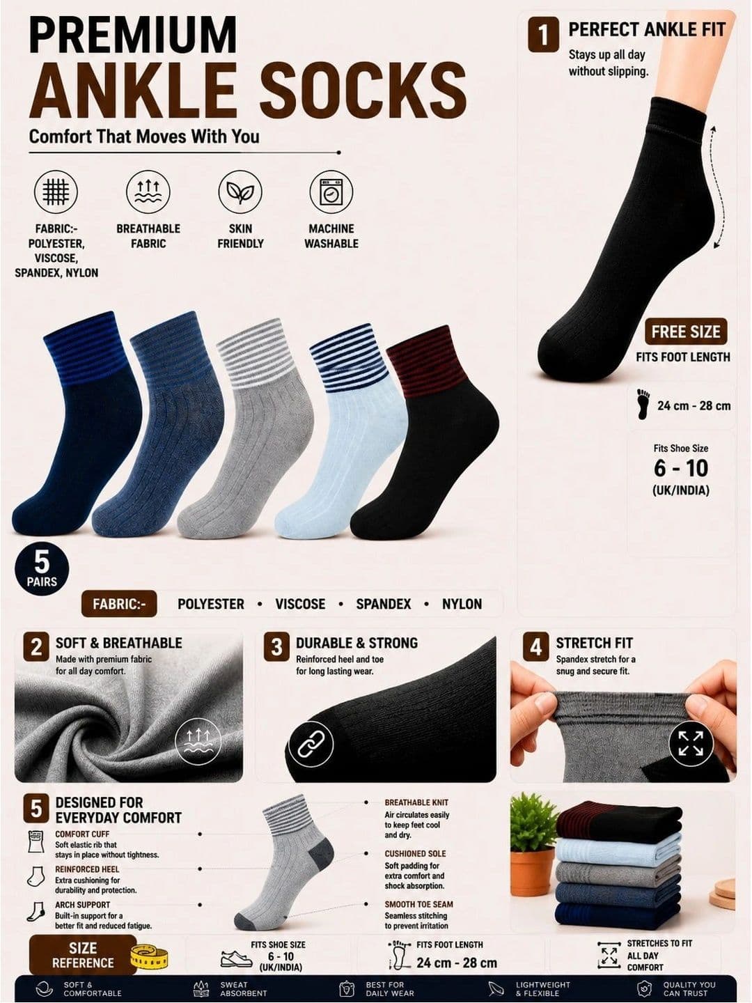 ADDOSSO Men Pack of 5 Cotton Assorted Striped Ankle Length Socks thumbnail 3