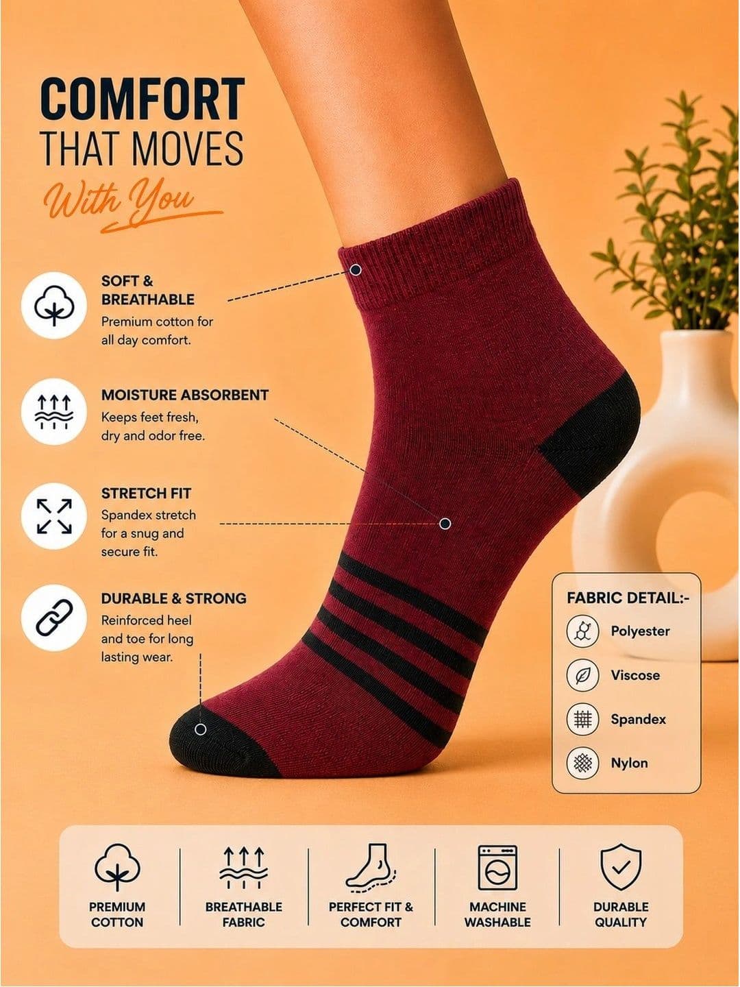 ADDOSSO Men Pack of 7 Cotton Assorted Striped Ankle Length Socks thumbnail 2