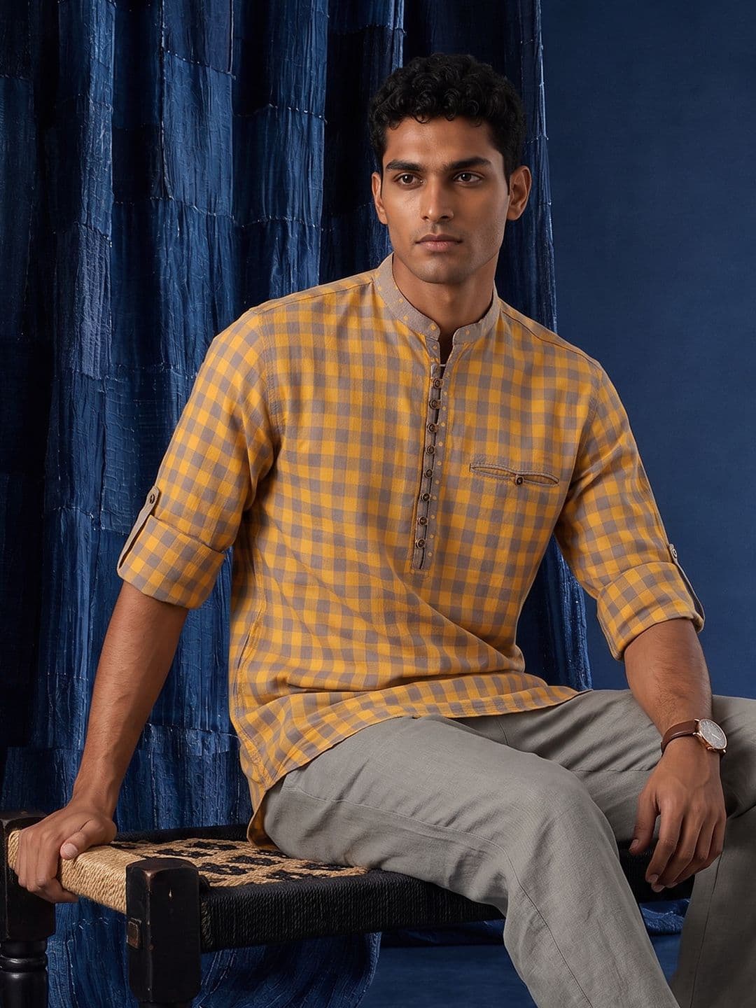 Taavi Woven Legacy Checked Pure Cotton Straight Kurta - view 1