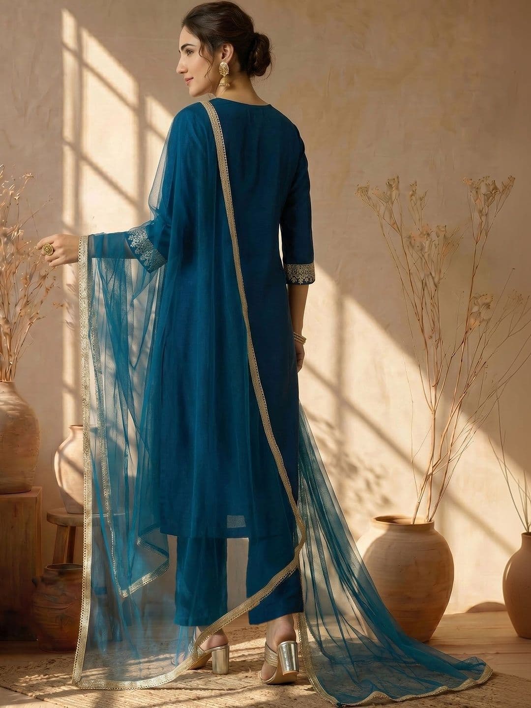 AVANSHEE Women Ethnic Motifs Embroidered Regular Kurta with Trousers & With Dupatta thumbnail 7