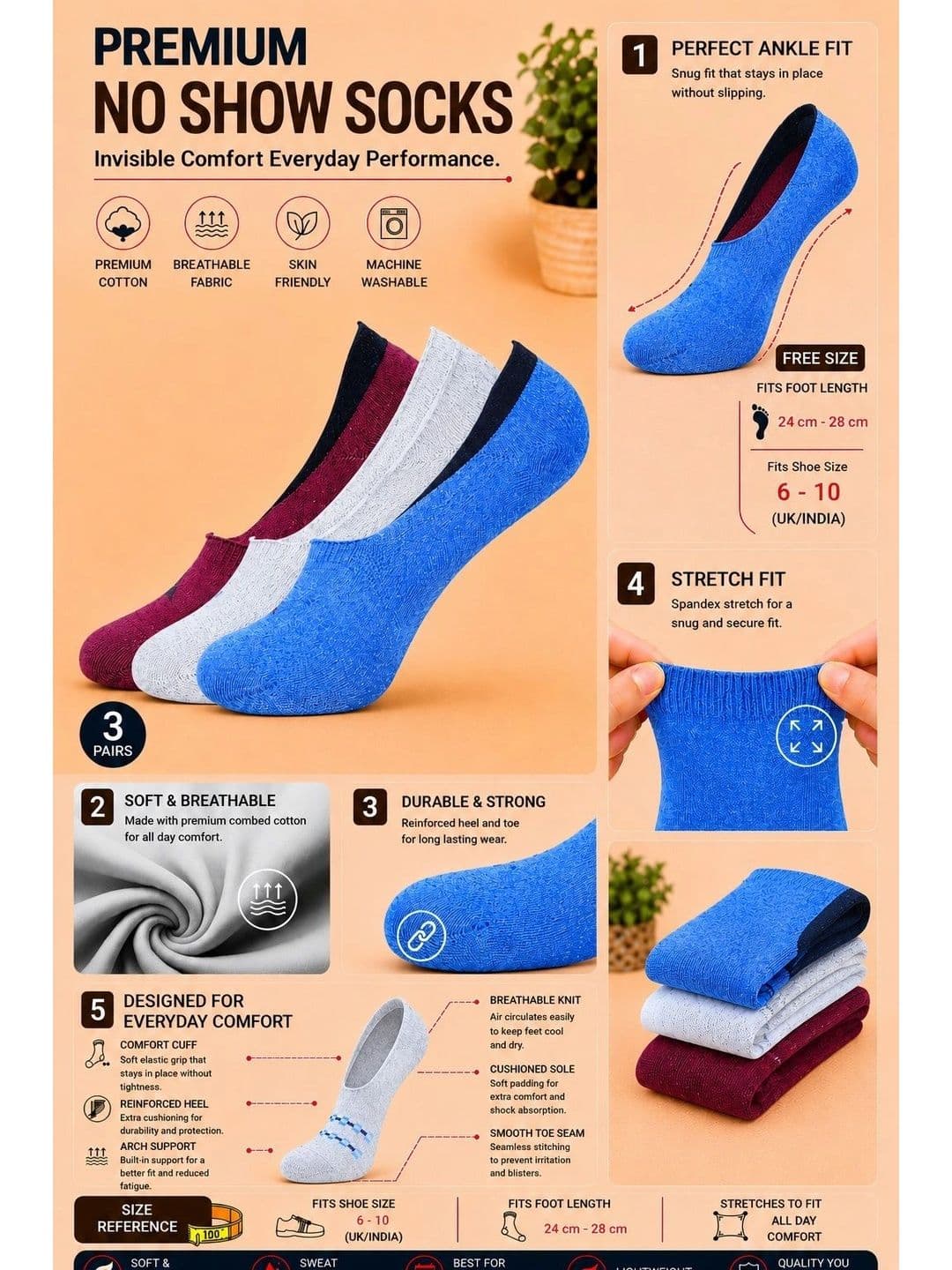 ADDOSSO Men Pack of 3 Cotton Assorted Patterned Shoe Liners Socks thumbnail 5