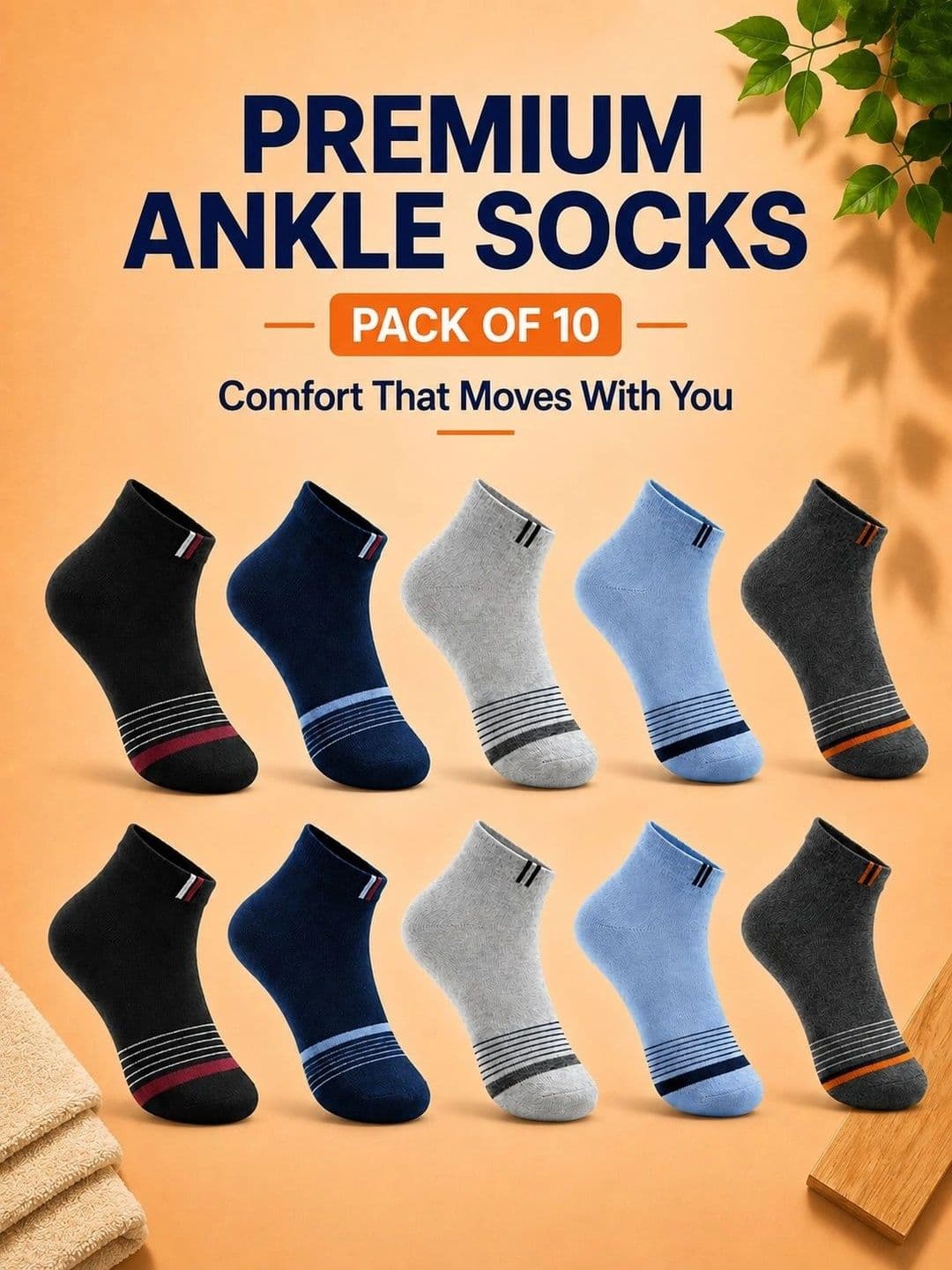 ADDOSSO Men Pack of 10 Cotton Assorted Striped Ankle Length Socks thumbnail 2