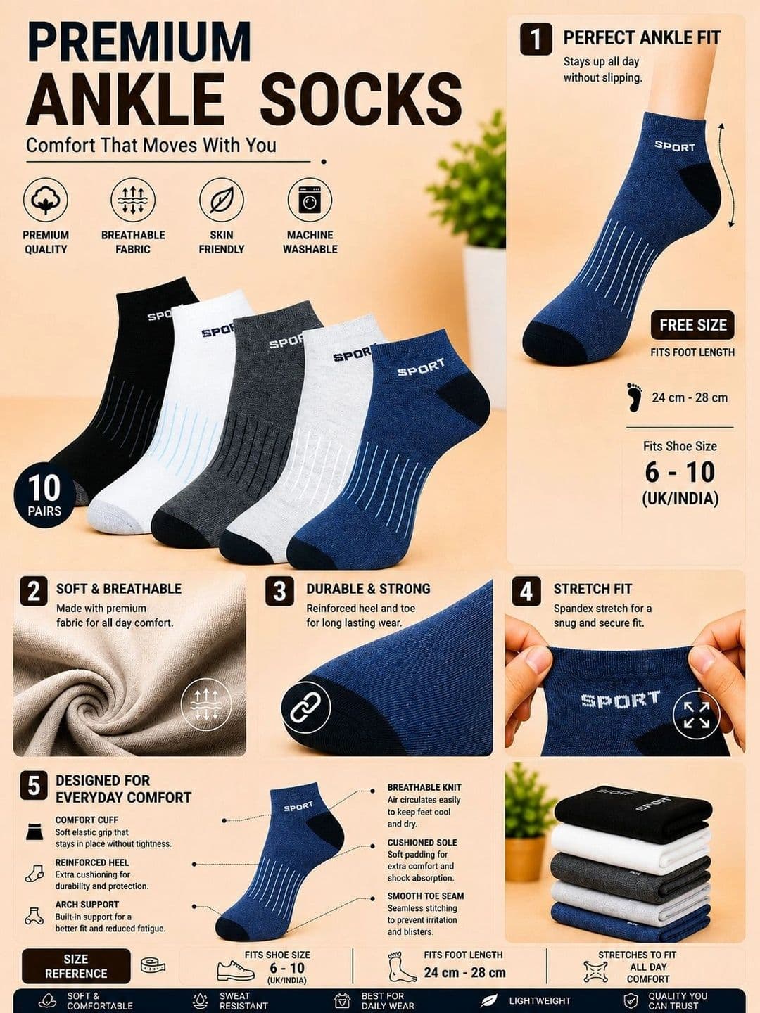 ADDOSSO Men Pack of 10 Cotton Assorted Patterned Ankle Length Socks thumbnail 3