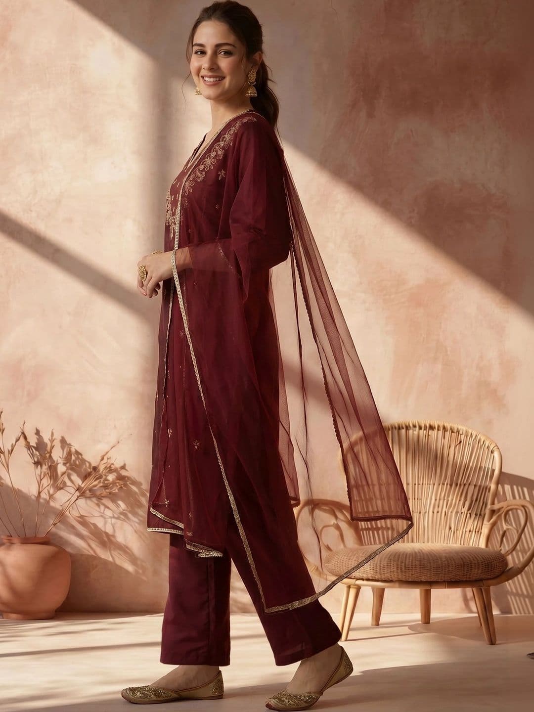 AVANSHEE Women Ethnic Motifs Embroidered Regular Kurta with Trousers & With Dupatta thumbnail 7