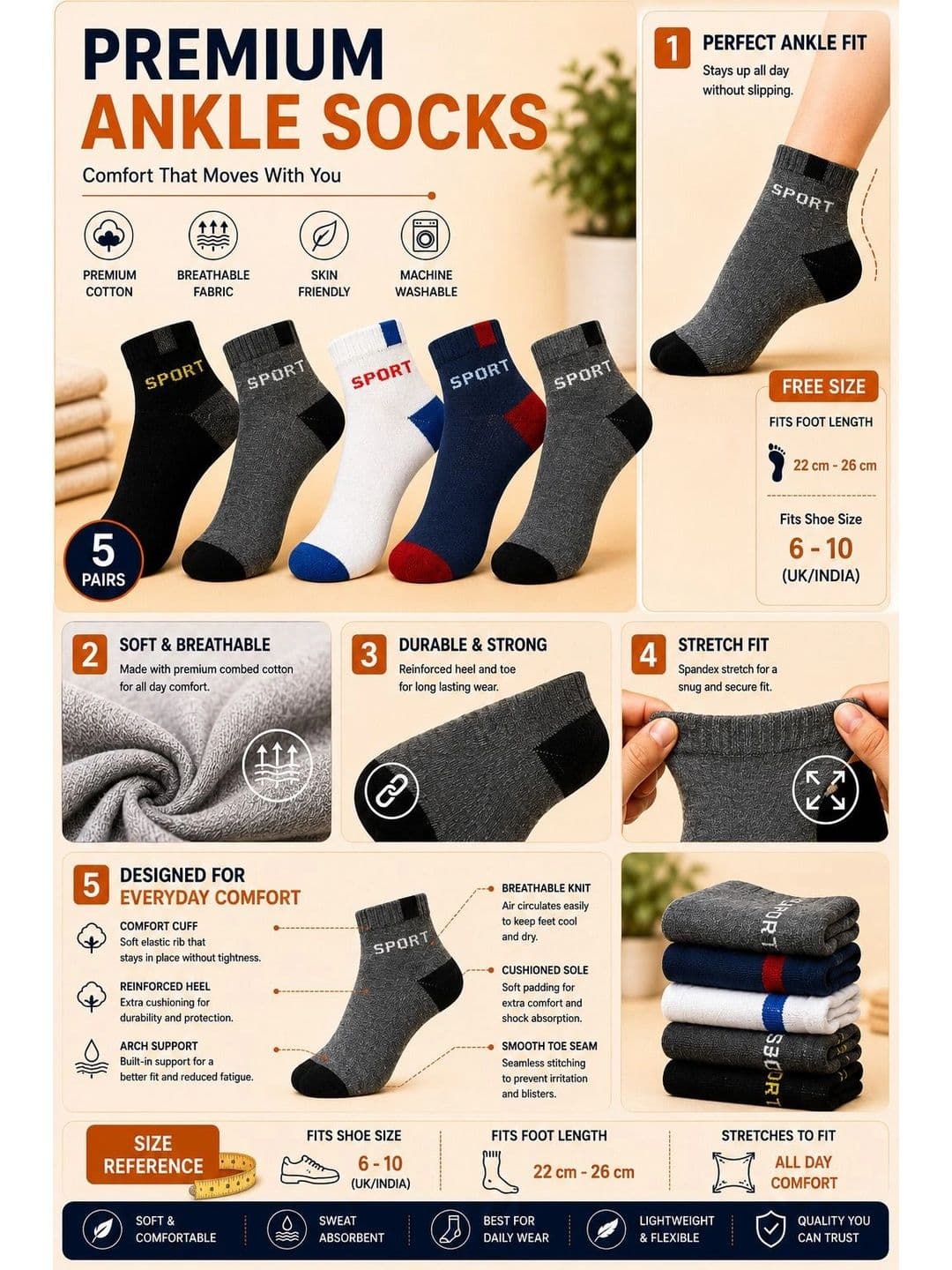 ADDOSSO Men Pack of 5 Cotton Assorted Colourblocked Ankle Length Socks thumbnail 4
