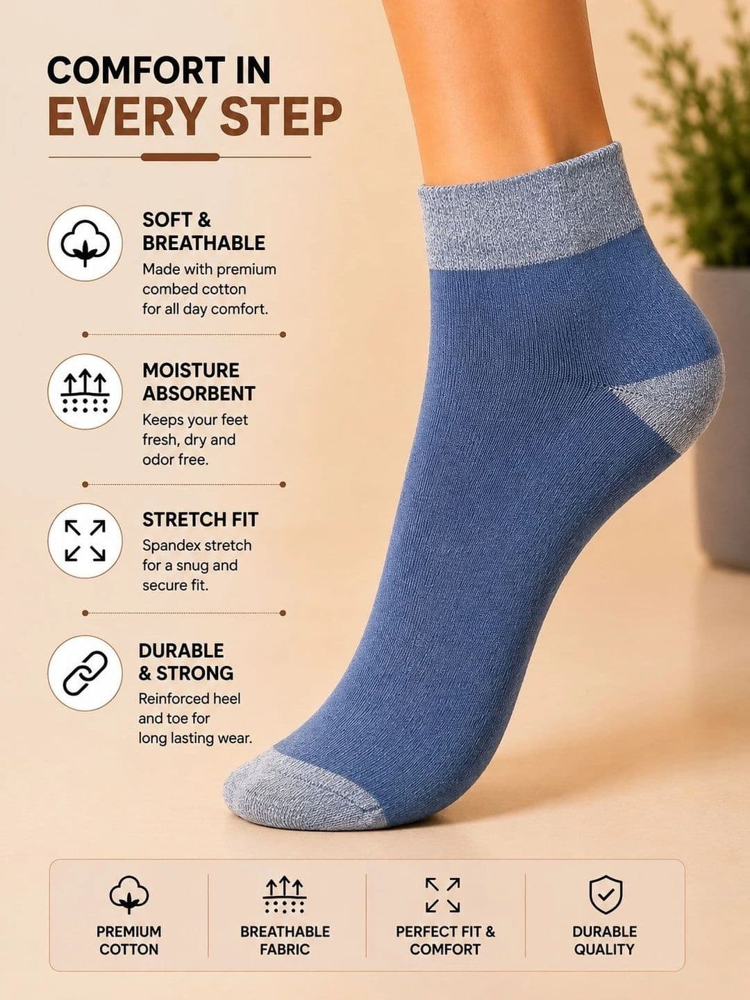 ADDOSSO Men Pack of 6 Cotton Assorted Ankle Length Socks thumbnail 4