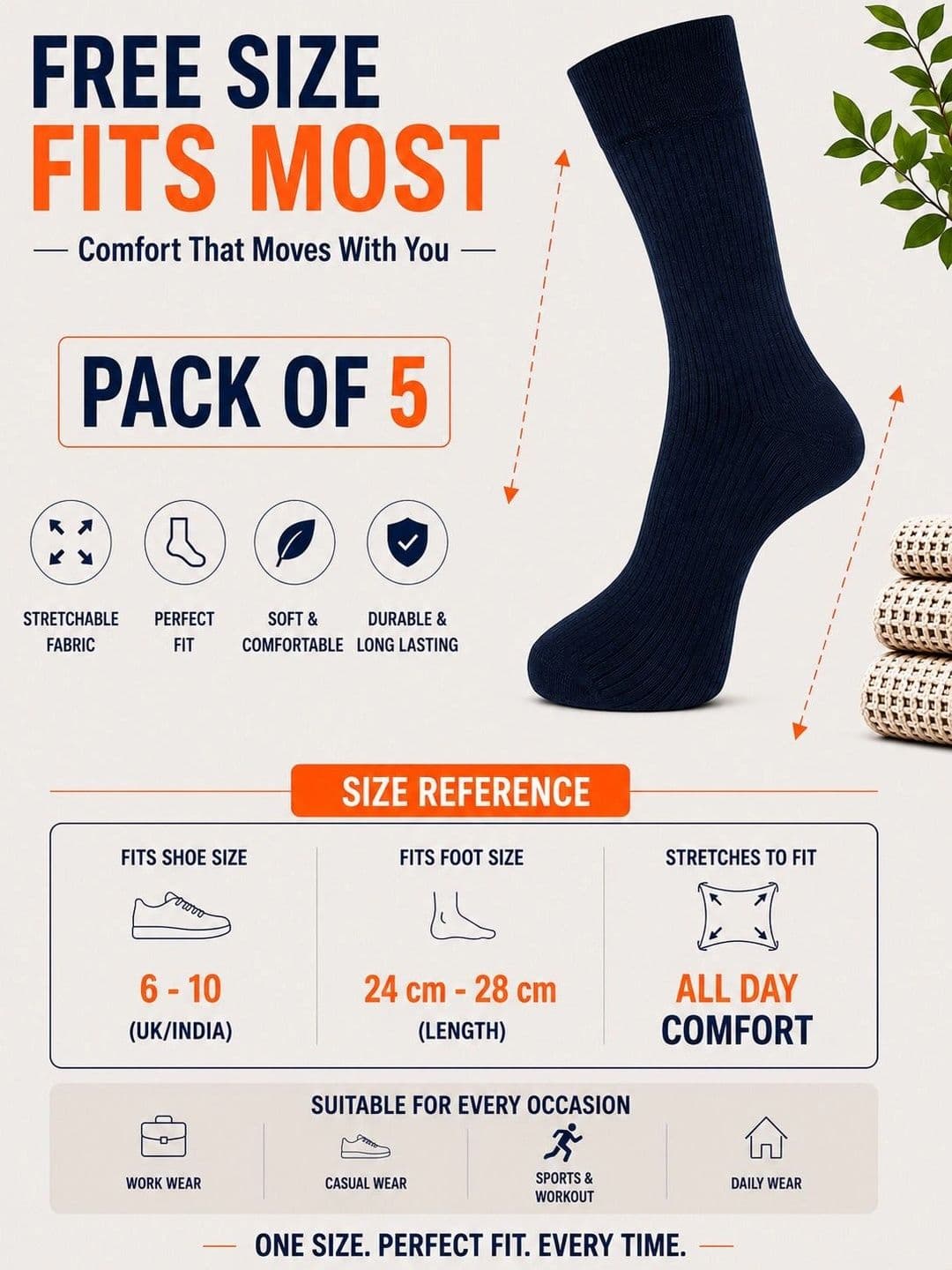 ADDOSSO Men Pack of 5 Cotton Assorted Calf Length Socks thumbnail 4