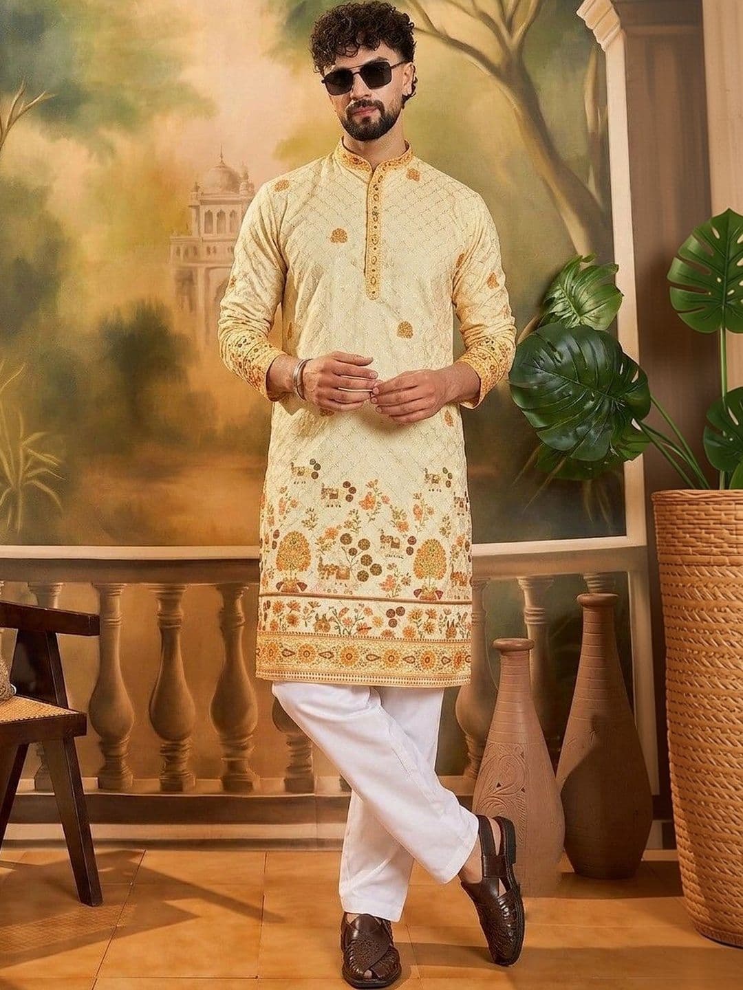 VELKYNOX Men Ethnic Motifs Thread Work Kurta - view 1