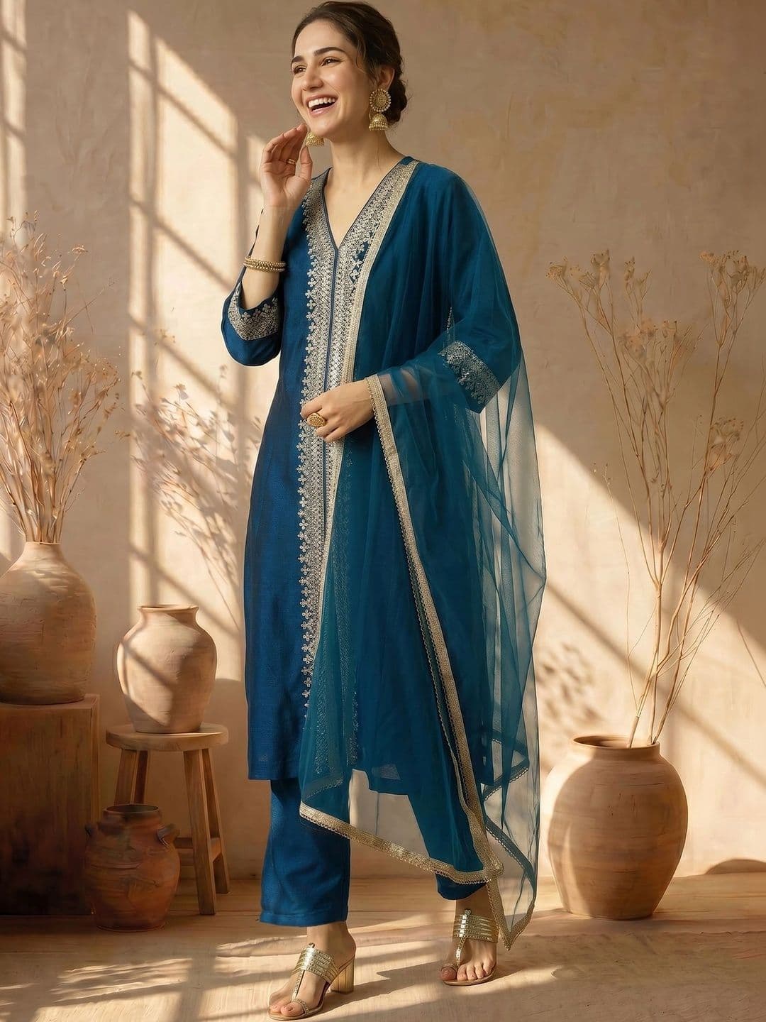 AVANSHEE Women Ethnic Motifs Embroidered Regular Kurta with Trousers & With Dupatta thumbnail 3