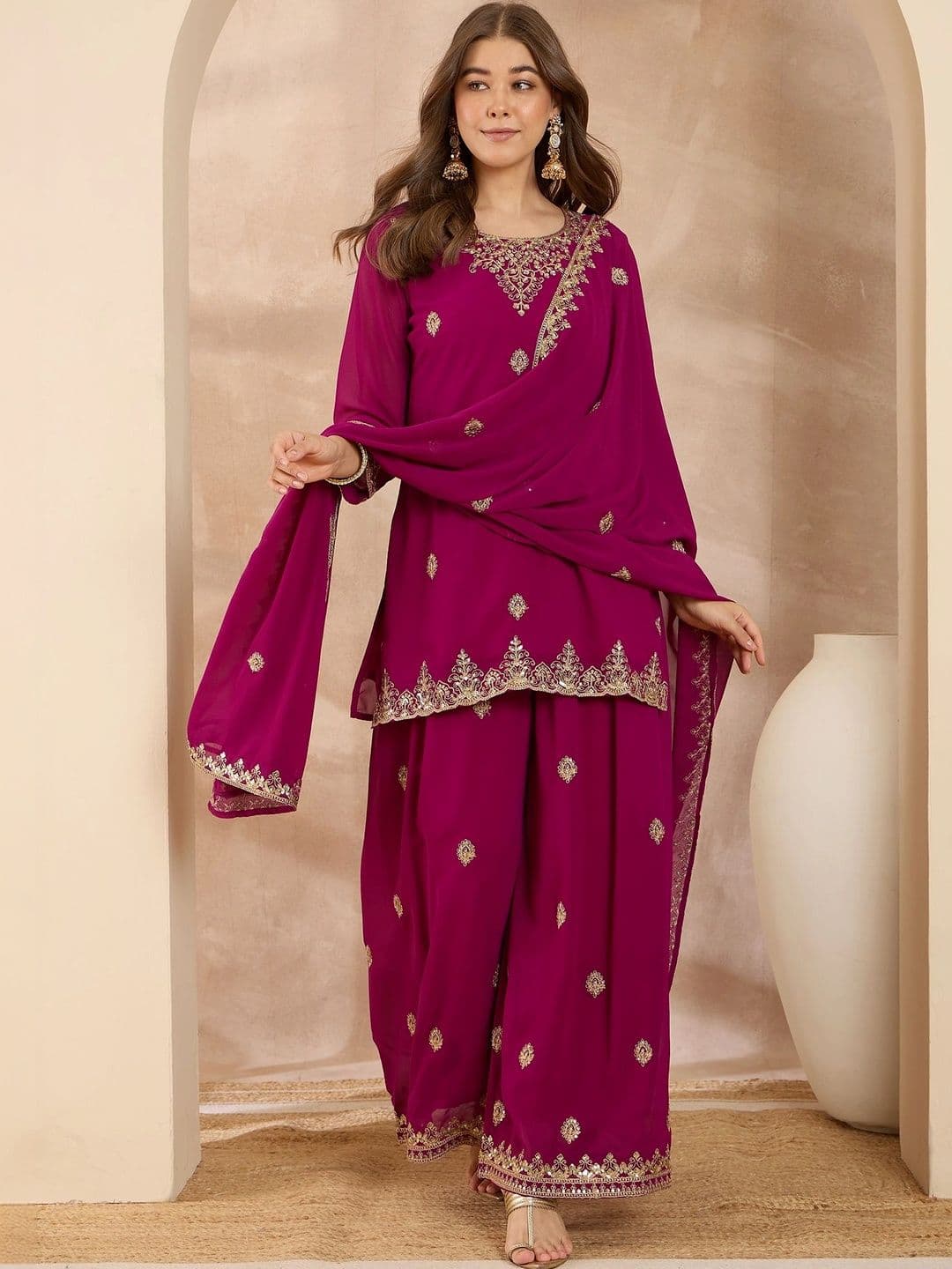 Anouk Women Ethnic Motifs Embroidered Regular Sequinned Kurta with Palazzos & With Dupatta - view 1