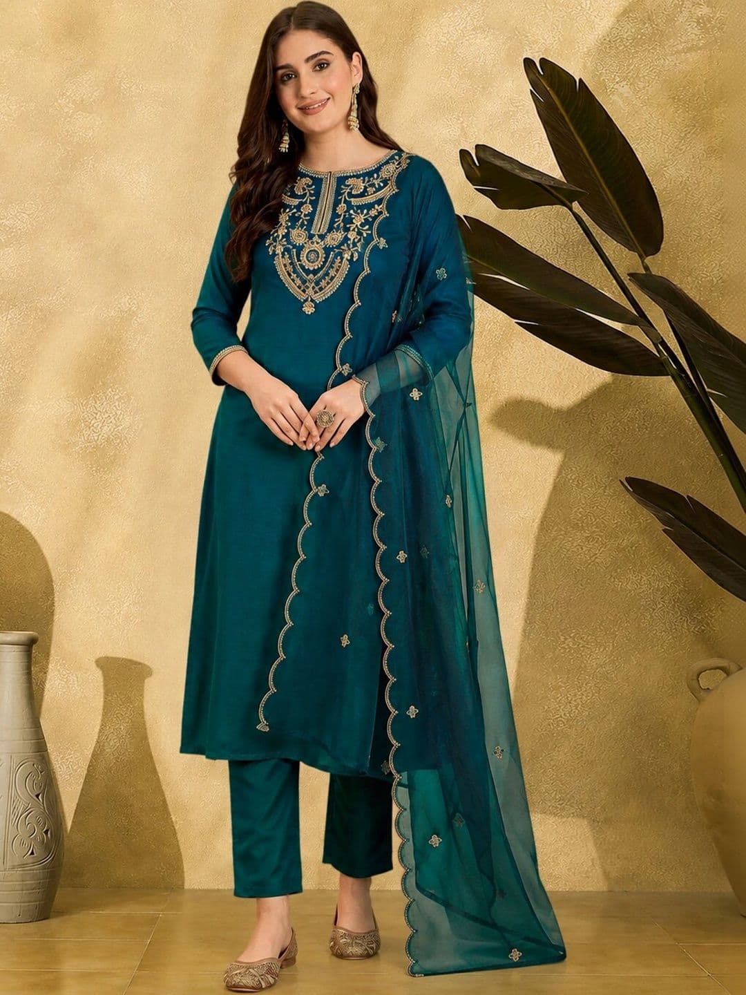 LeeliPeeri Designer Women Ethnic Motifs Embroidered Regular Thread Work Kurta with Trousers & With Dupatta - view 1