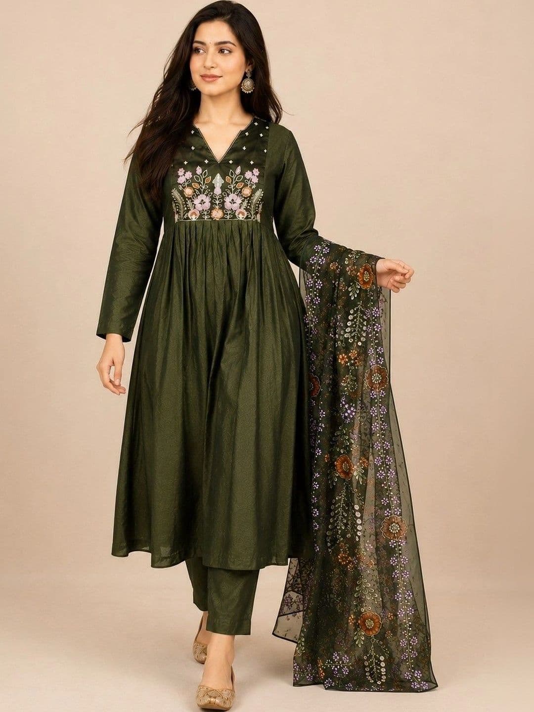 ZARVIKA Women Floral Embroidered Empire Thread Work Kurta with Trousers & With Dupatta thumbnail 6