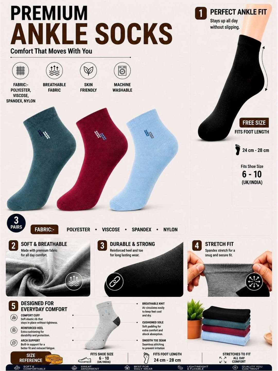 ADDOSSO Men Pack of 3 Cotton Assorted Patterned Ankle Length Socks thumbnail 5