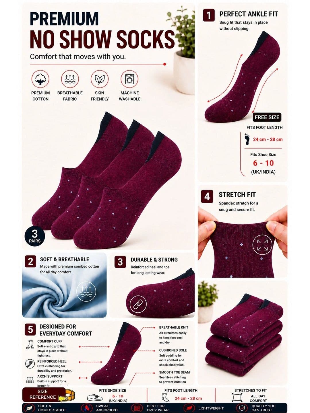 ADDOSSO Men Pack of 3 Cotton Assorted Patterned Shoe Liners Socks thumbnail 5