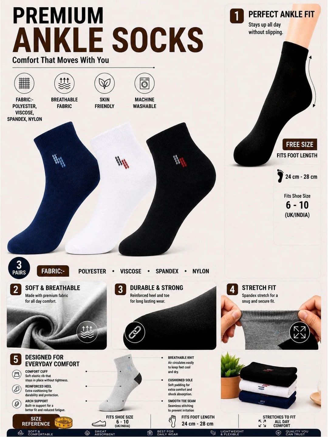 ADDOSSO Men Pack of 3 Cotton Assorted Patterned Ankle Length Socks thumbnail 4