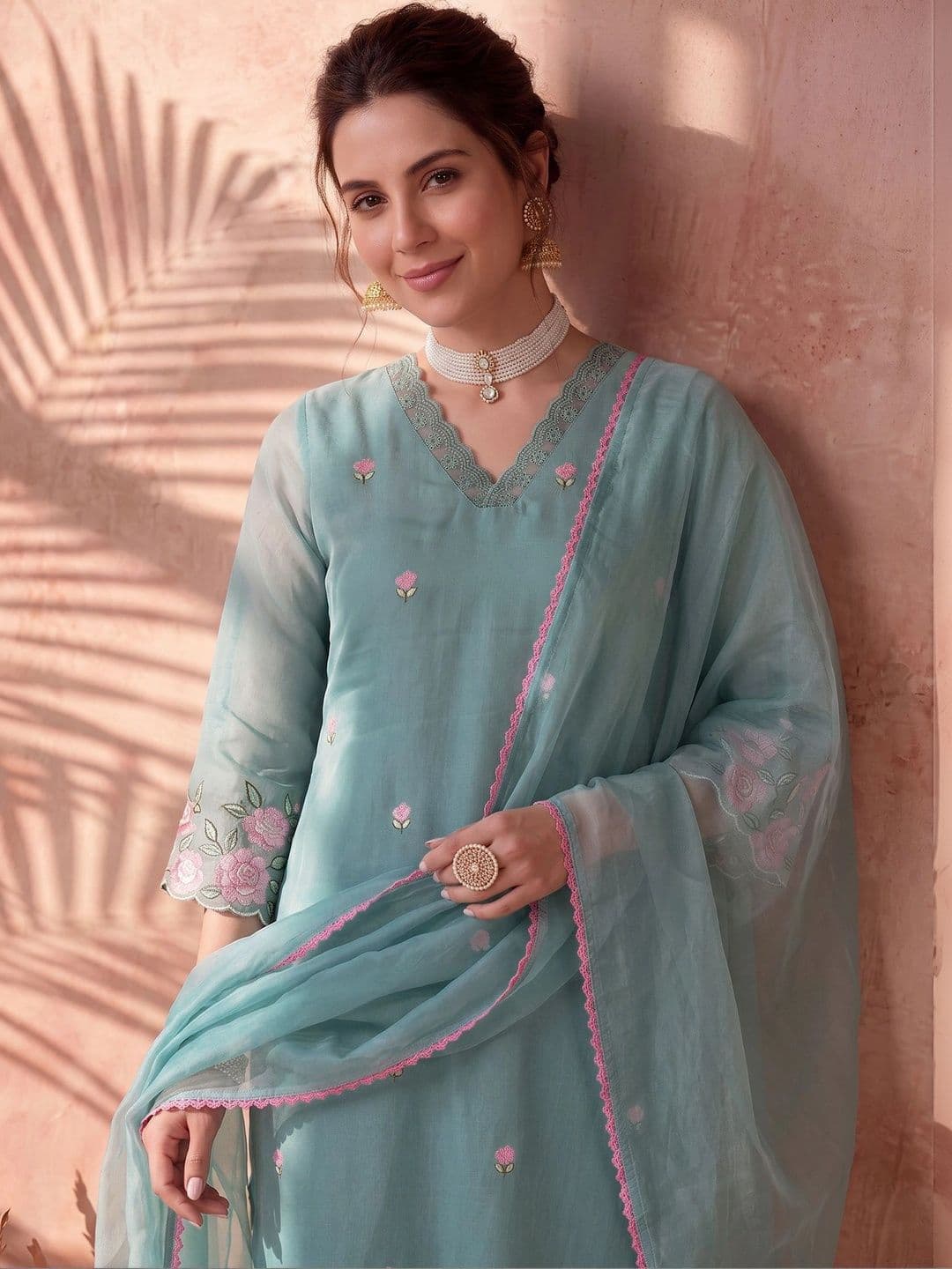 AVANSHEE Women Embroidered Chanderi Cotton Kurta with Trousers & With Dupatta thumbnail 7