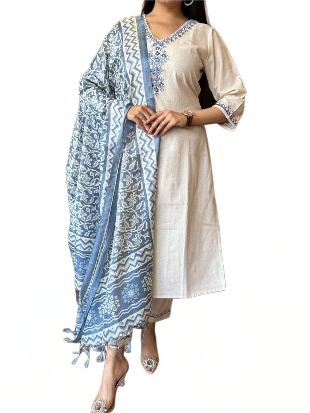 Urban India Women Ethnic Motifs Embroidered Regular Thread Work Pure Cotton Kurta with Trousers & With thumbnail 5
