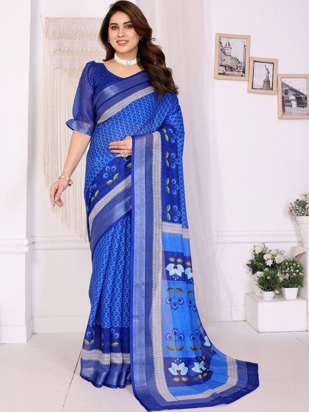 VS MALL Floral Linen Blend Saree - view 1