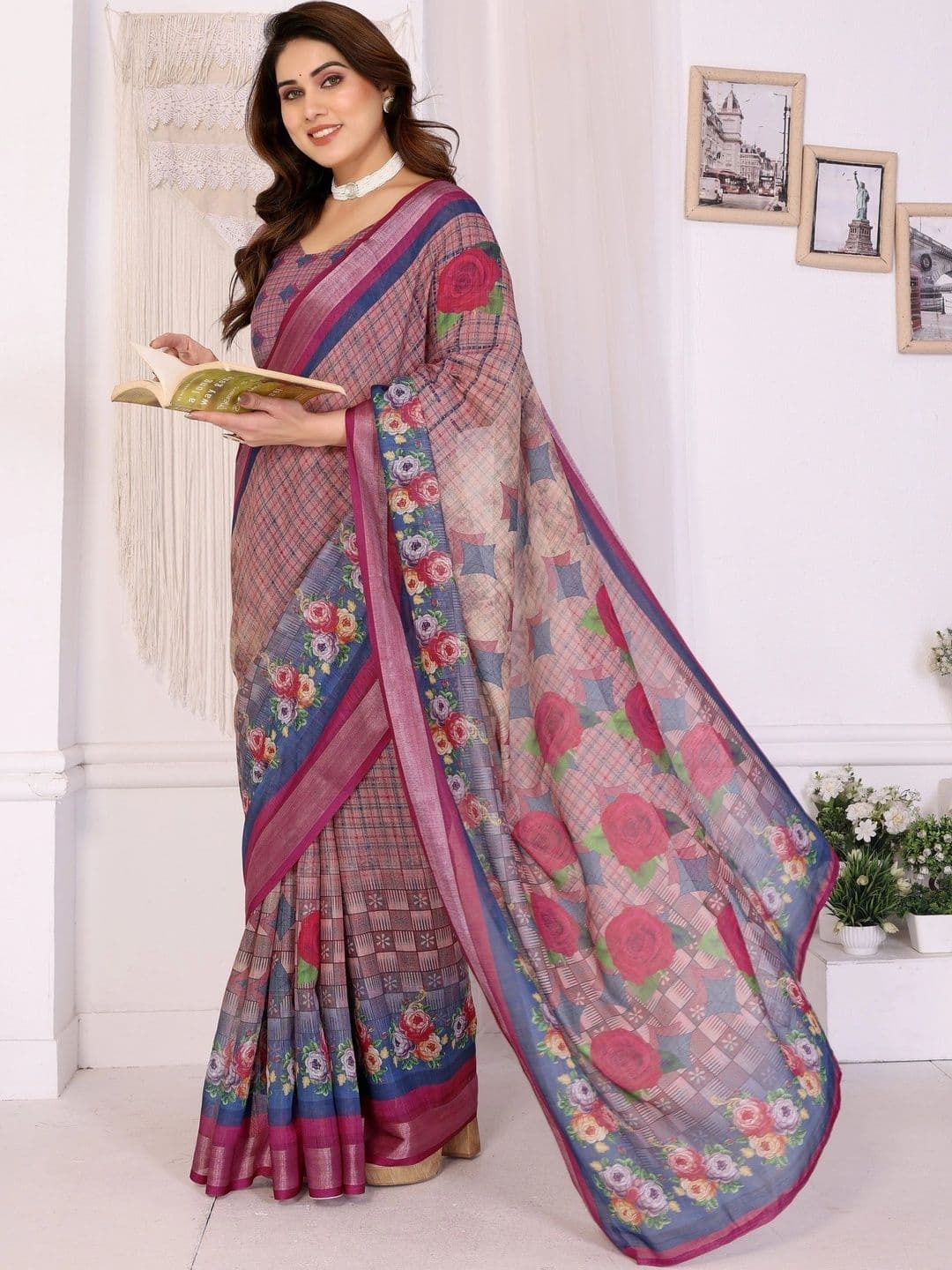 VS MALL Floral Linen Blend Saree thumbnail 2