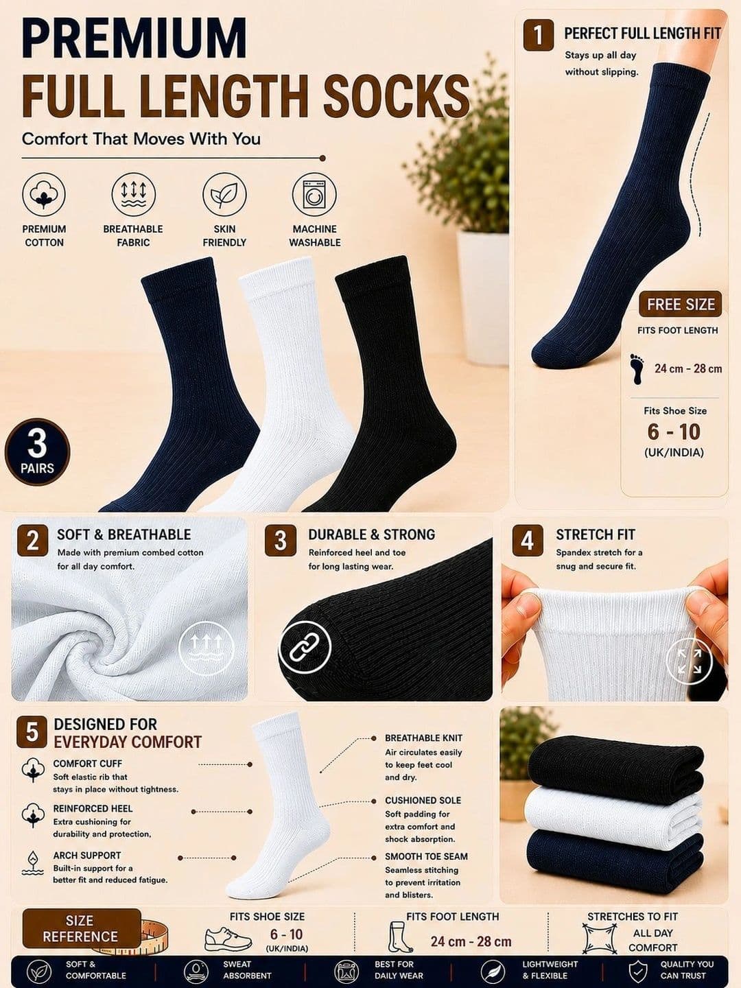 ADDOSSO Men Pack of 3 Cotton Assorted Calf Length Socks thumbnail 4