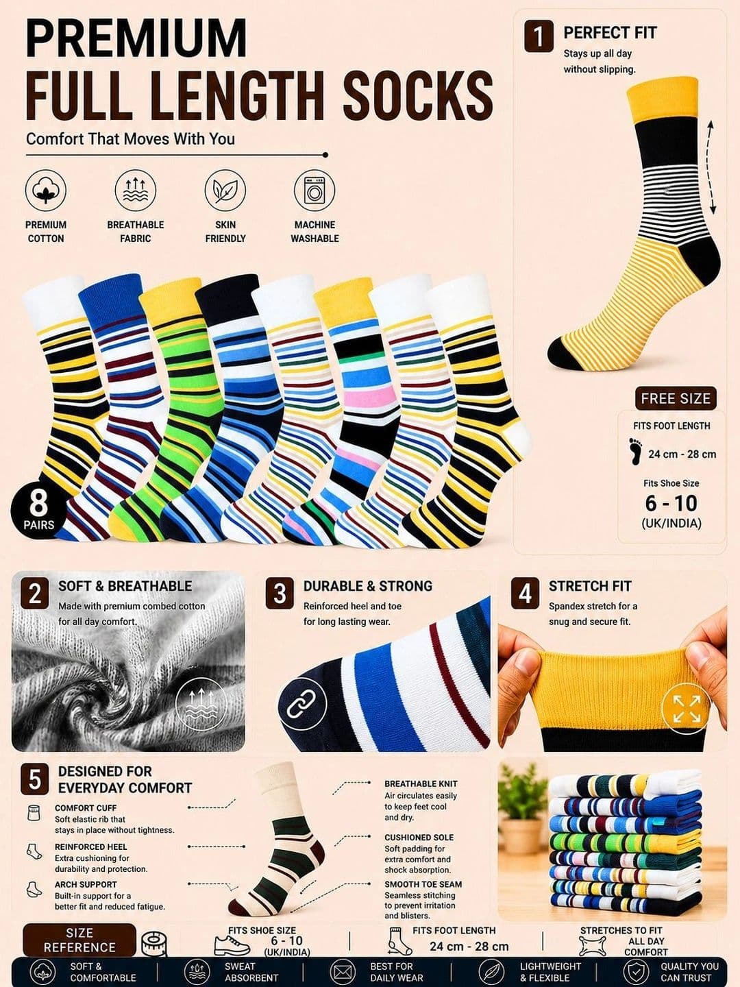 ADDOSSO Men Pack of 8 Cotton Assorted Striped Calf Length Socks thumbnail 3