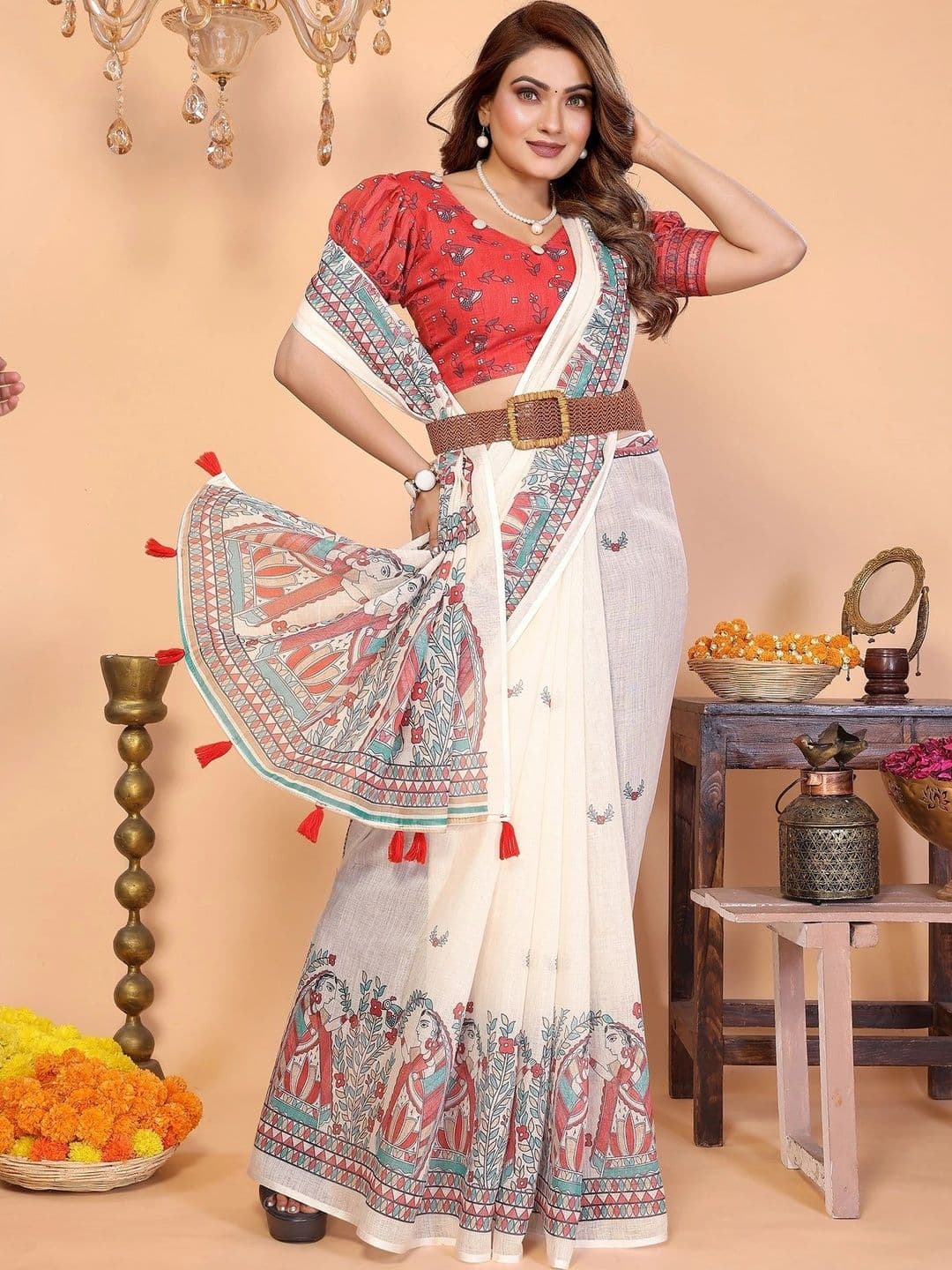 VS MALL Women Kalamkari Linen Blend Saree thumbnail 4
