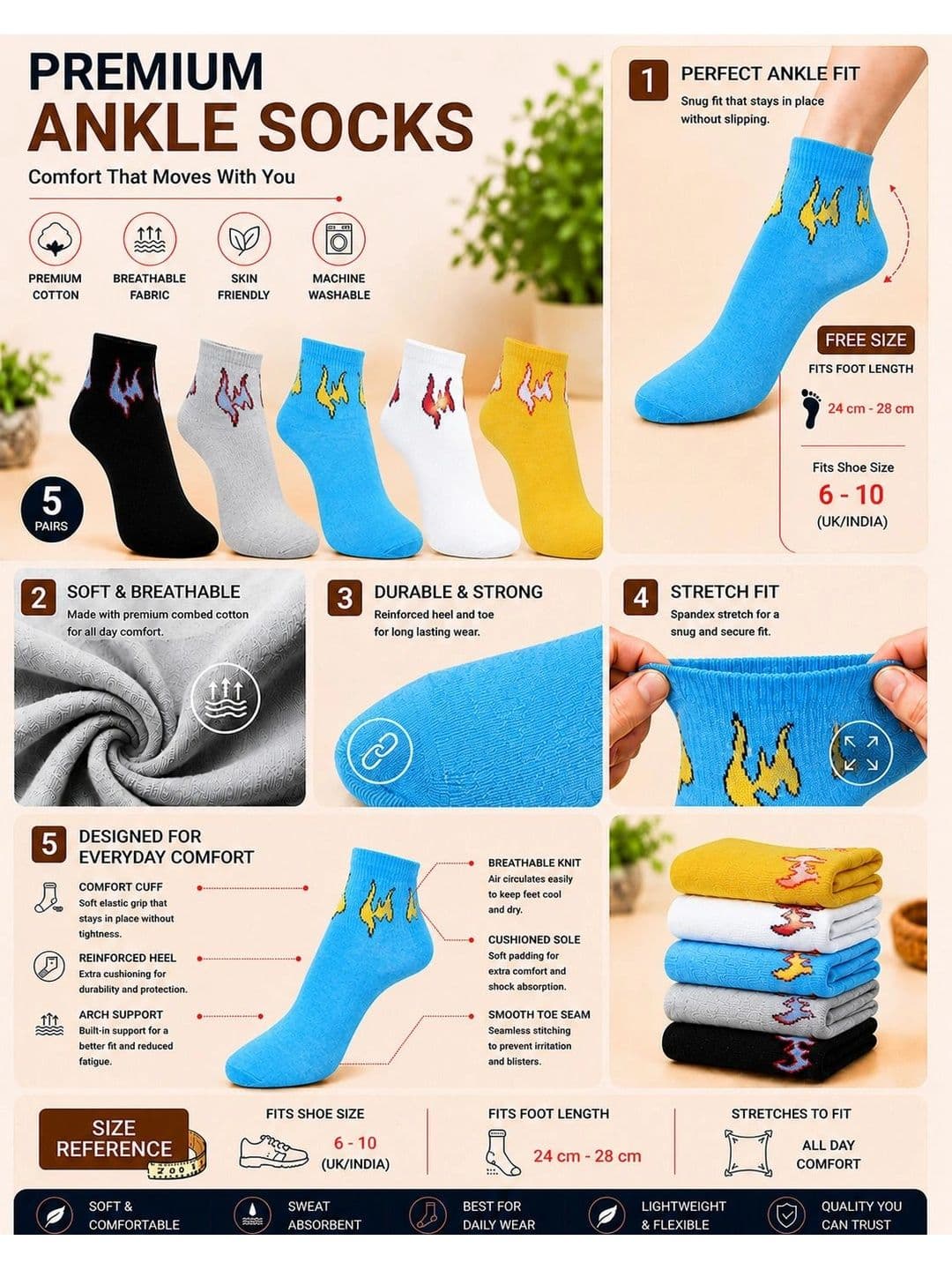 ADDOSSO Men Pack of 5 Cotton Assorted Patterned Ankle Length Socks thumbnail 2