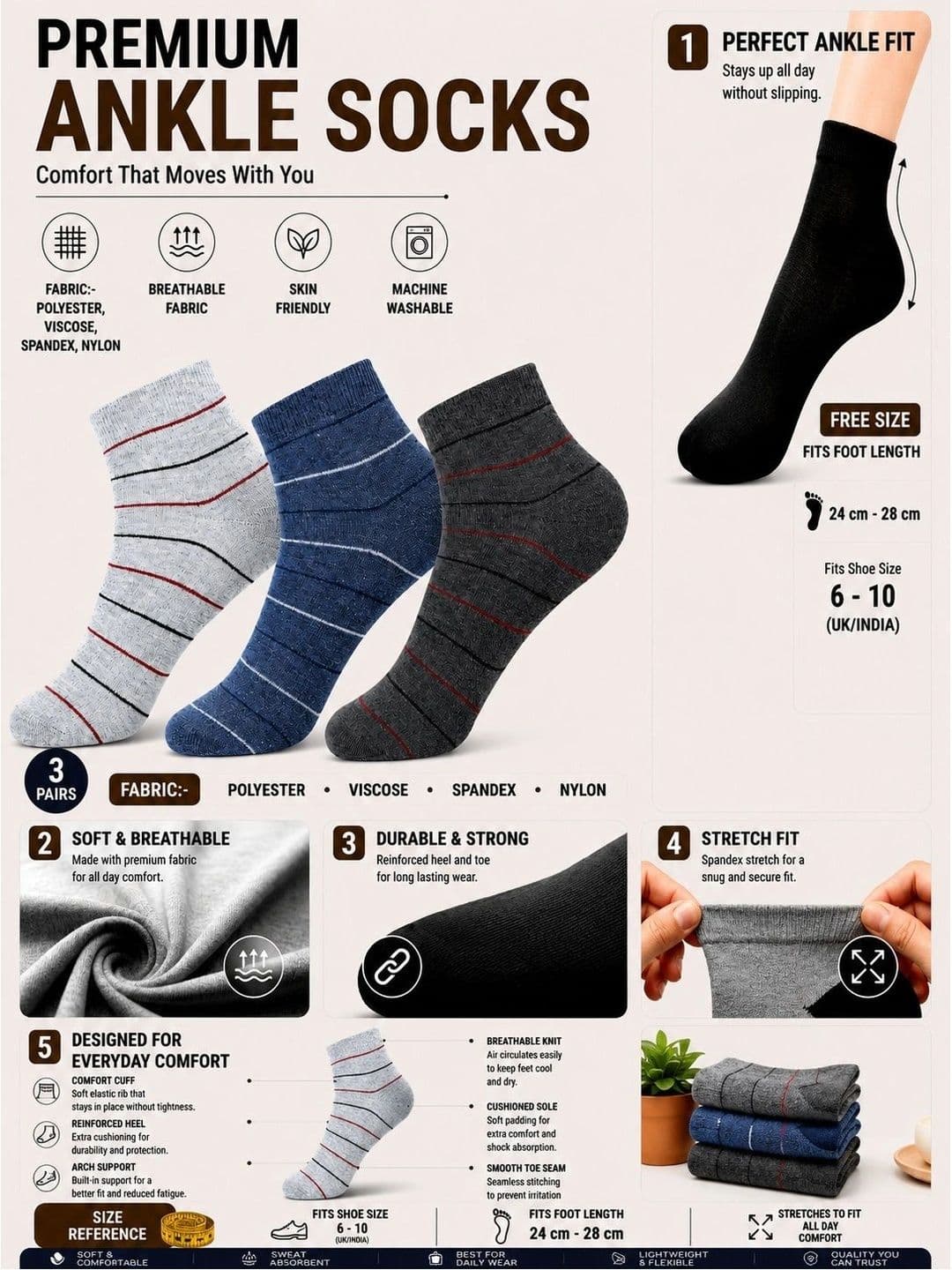 ADDOSSO Men Pack of 3 Cotton Assorted Striped Ankle Length Socks thumbnail 3