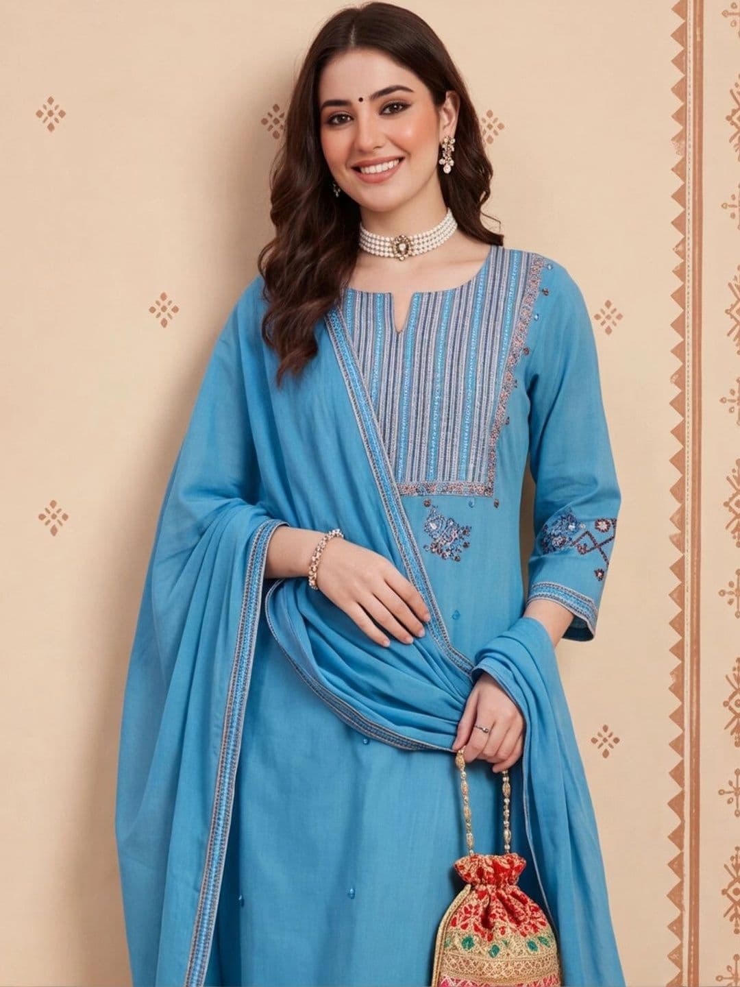 Anouk Women Ethnic Motifs Embroidered Regular Thread Work Pure Cotton Kurta with Trousers & With Dupatta thumbnail 3
