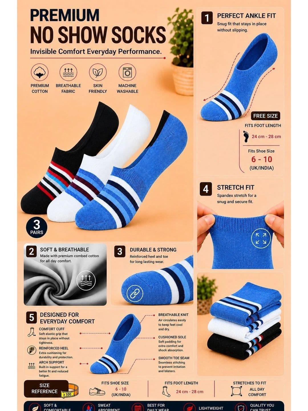 ADDOSSO Men Pack of 3 Cotton Assorted Striped Shoe Liners Socks thumbnail 2