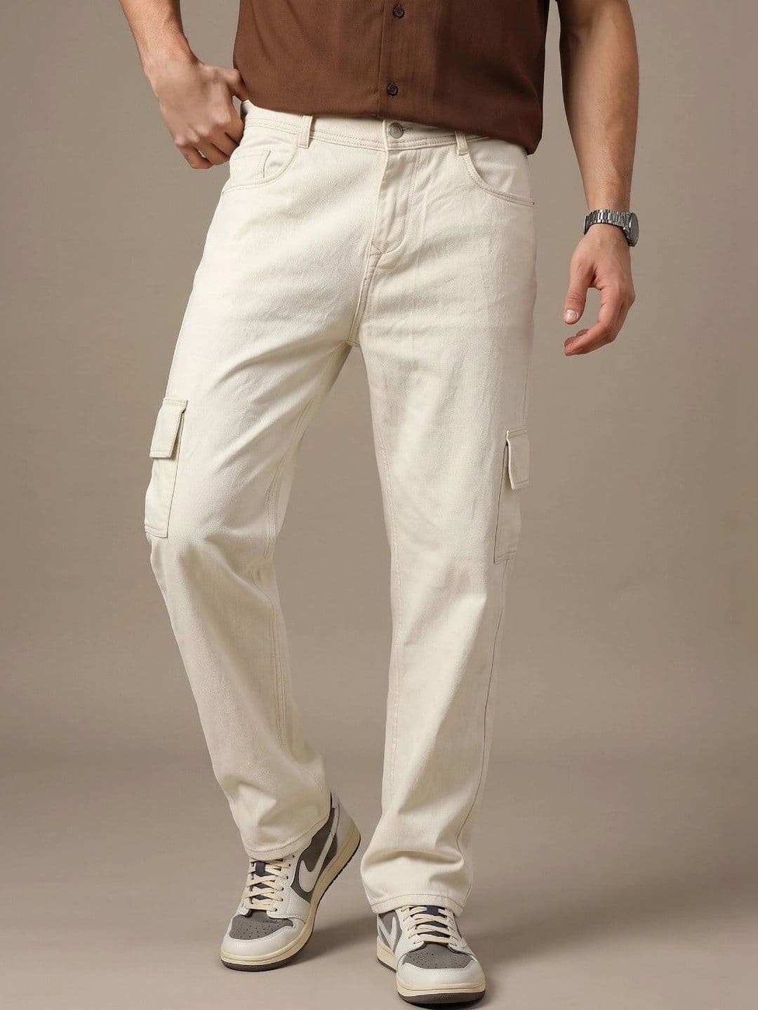 MaverIQ Light Beige Mid-Rise Regular Fit Cargo Jeans - view 1