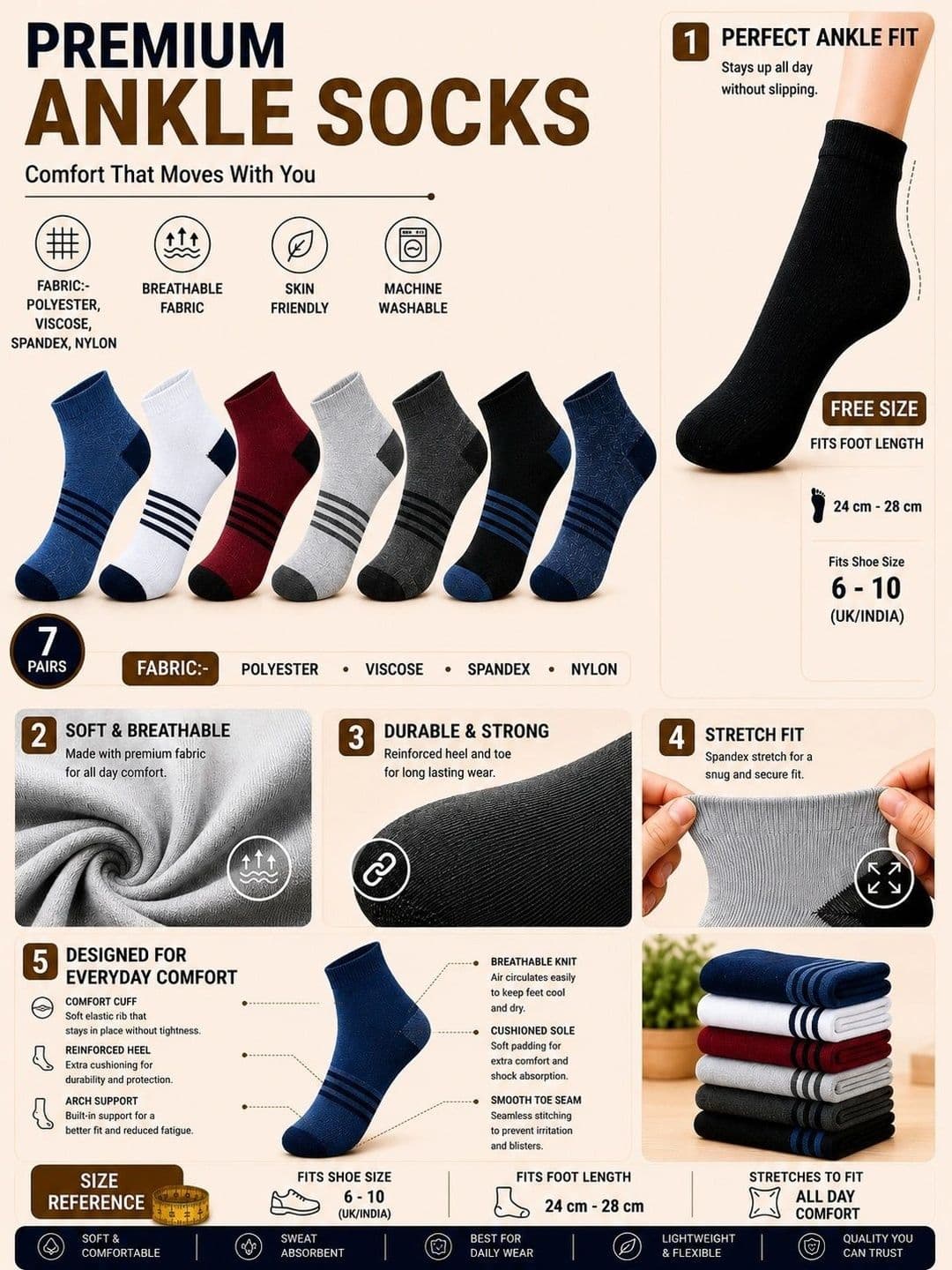 ADDOSSO Men Pack of 7 Cotton Assorted Striped Ankle Length Socks thumbnail 5