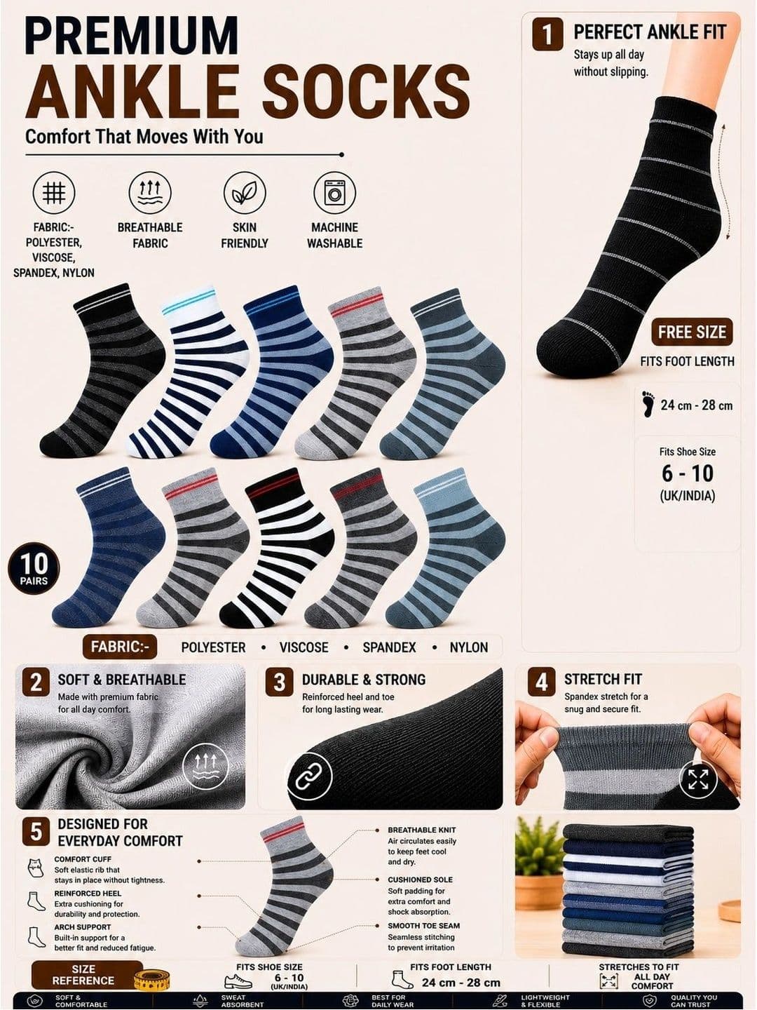 ADDOSSO Men Pack of 10 Cotton Assorted Striped Ankle Length Socks thumbnail 5