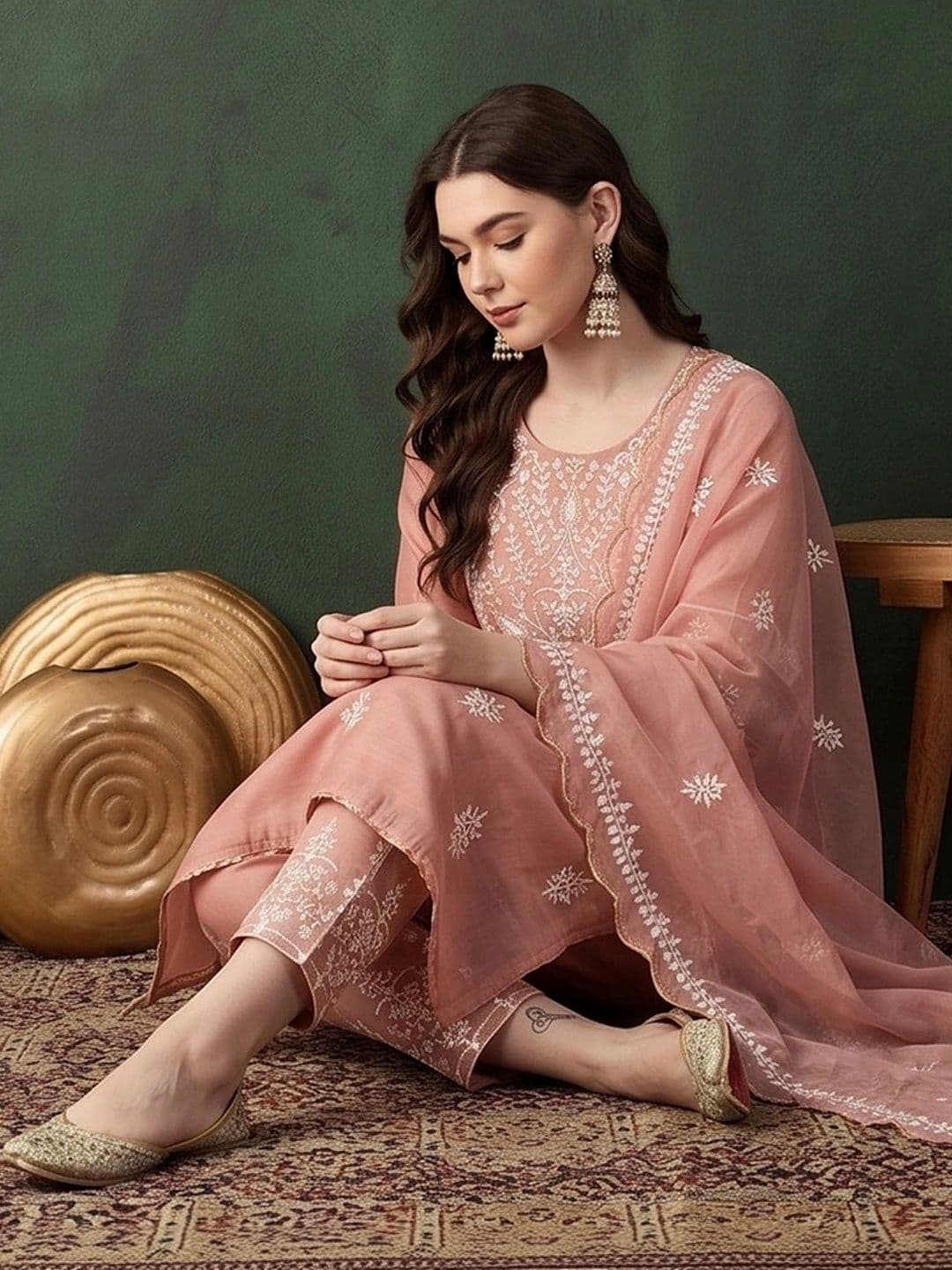 Sangria Women Ethnic Motifs Embroidered Regular Thread Work Pure Cotton Kurta with Trousers & With Dupatta thumbnail 4
