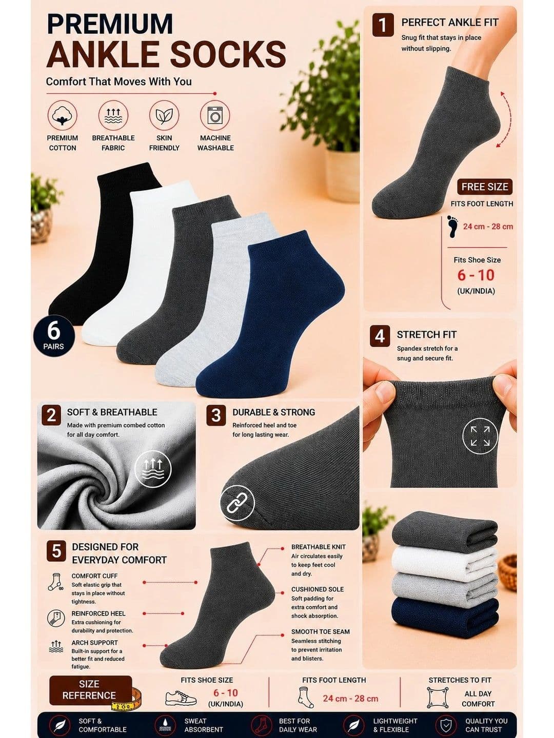 ADDOSSO Men Pack of 5 Cotton Assorted Ankle Length Socks thumbnail 4