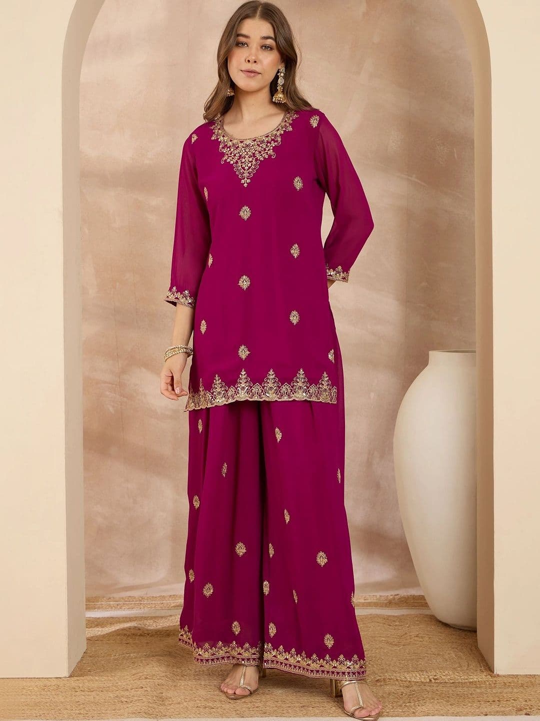 Anouk Women Ethnic Motifs Embroidered Regular Sequinned Kurta with Palazzos & With Dupatta thumbnail 2