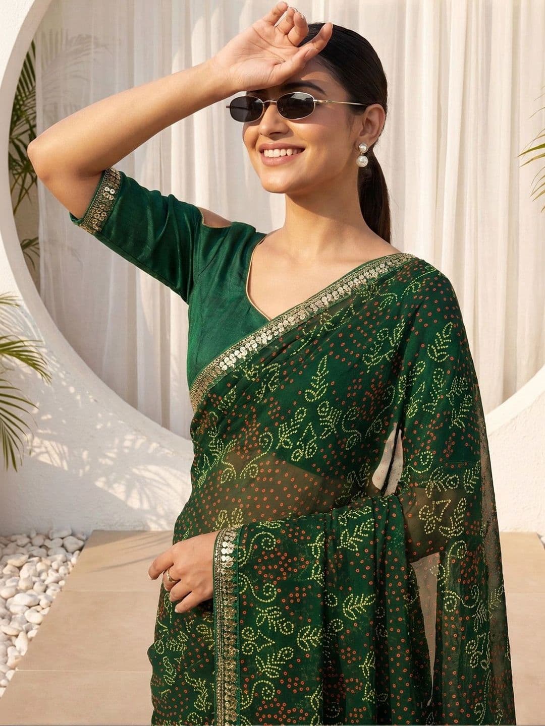 Anouk Rustic Bandhani Sequinned Poly Georgette Designer Bandhani Saree thumbnail 2
