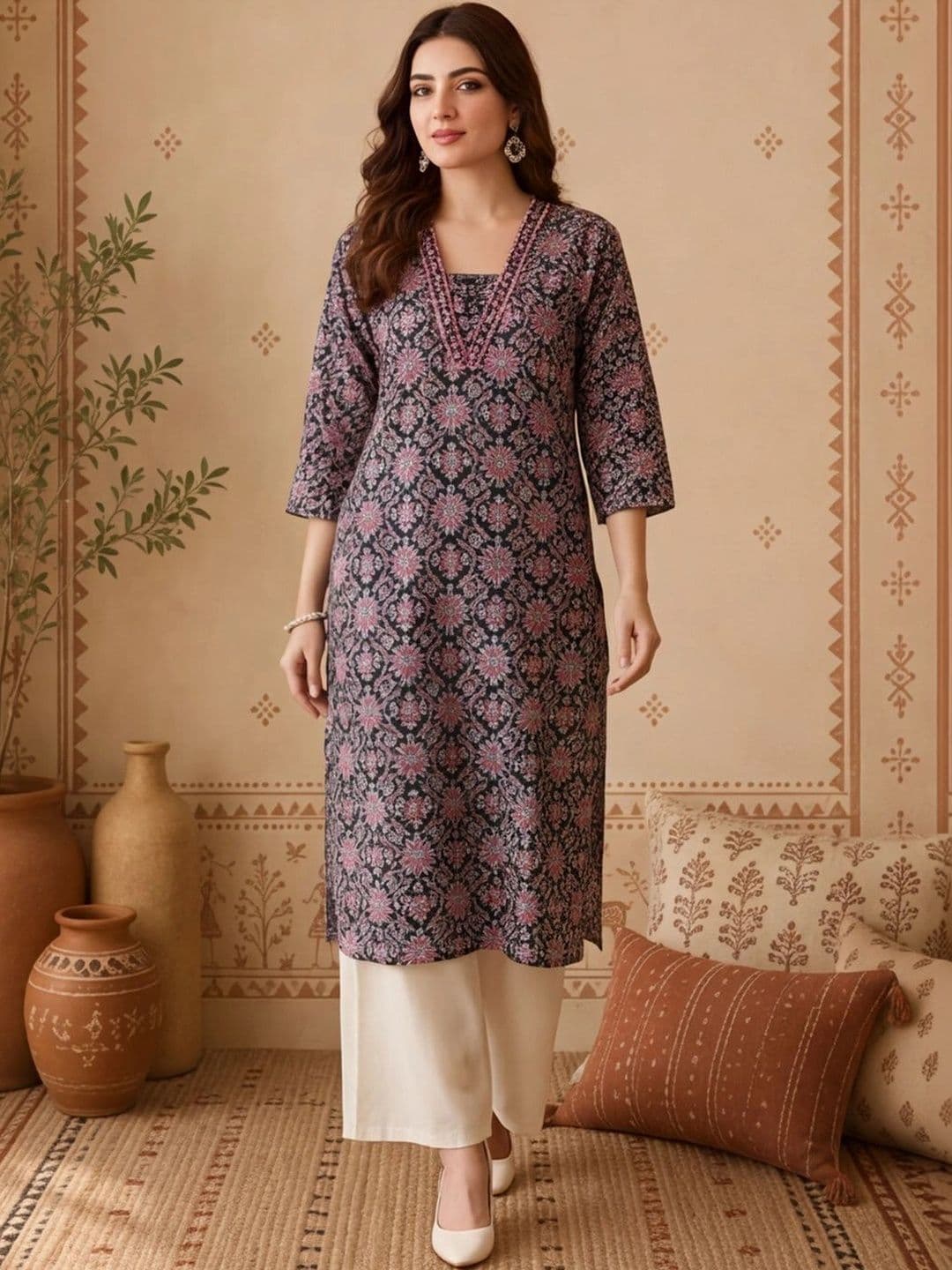 Anouk Women Floral Printed Mirror Work Indie Prints Kurta thumbnail 6